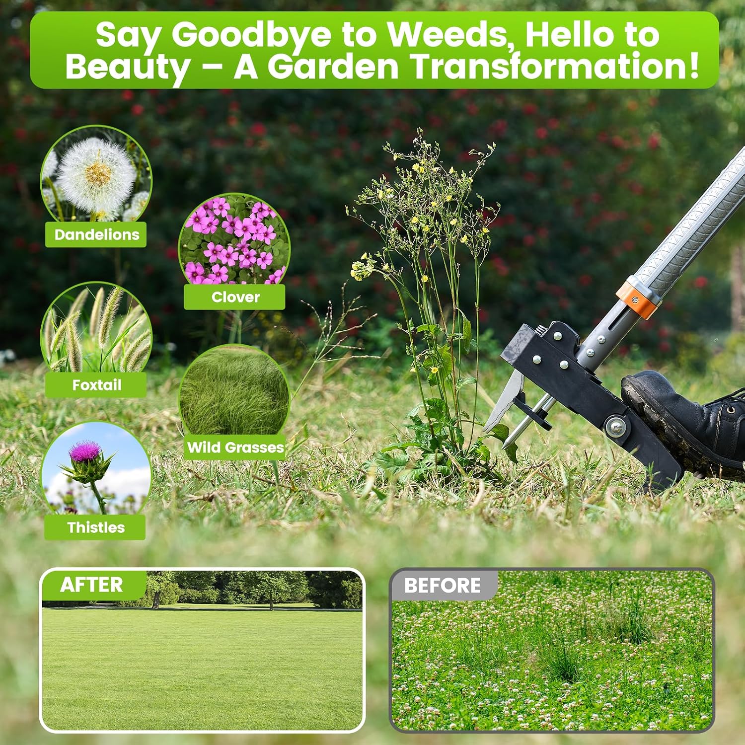 Weed Puller Tool, 4-Claw Steel Head Stand Up Weeder, 39"-46" Adjustable Handle & Easy Eject, Root Weed Remover for Dandelion, Thistle & Crabgrass, No Bending — image 7 of 8