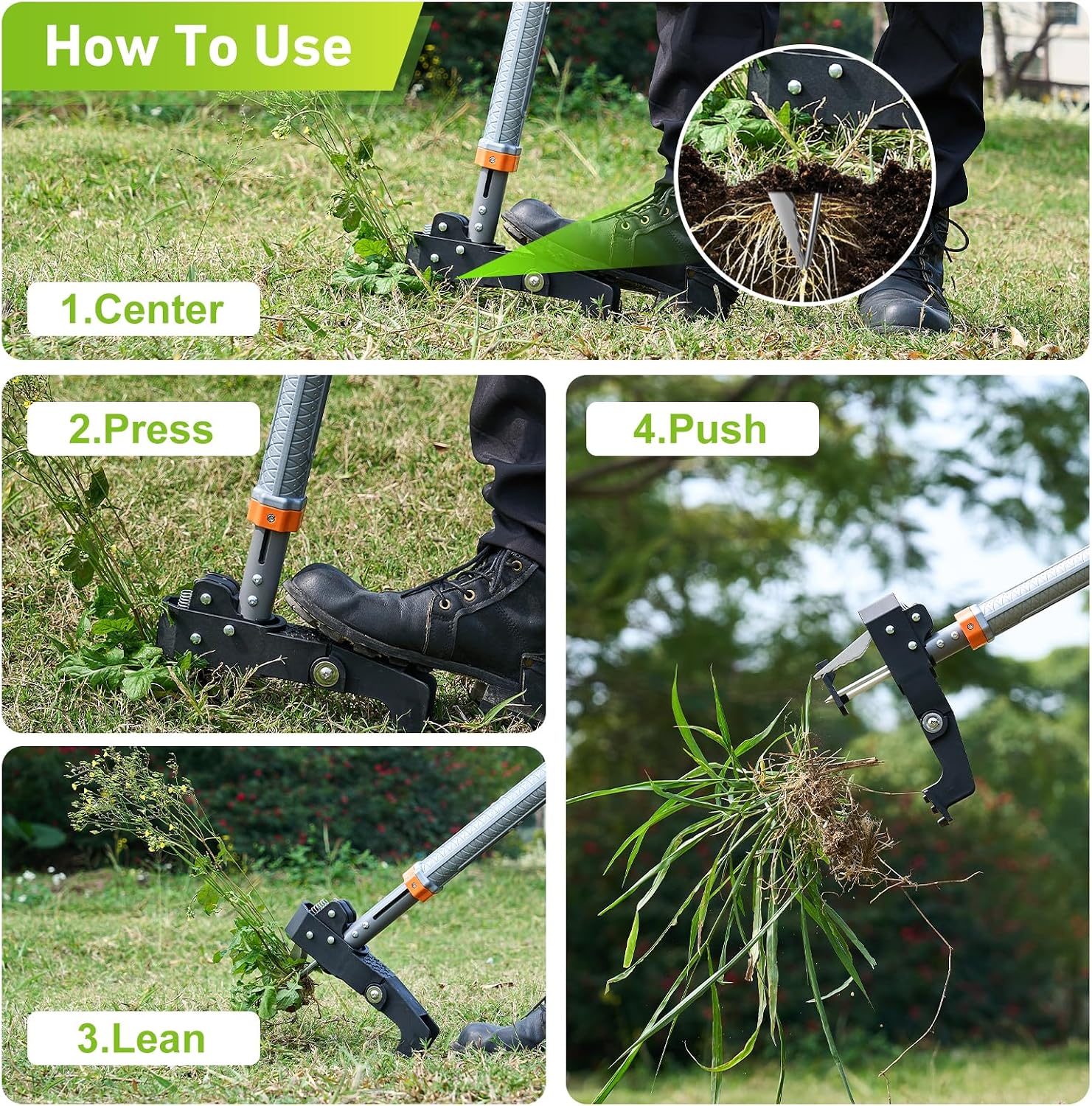 Weed Puller Tool, 4-Claw Steel Head Stand Up Weeder, 39"-46" Adjustable Handle & Easy Eject, Root Weed Remover for Dandelion, Thistle & Crabgrass, No Bending — image 8 of 8