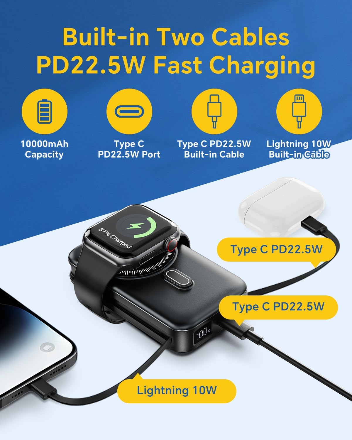 Magnetic Battery Pack Real Capacity 10000mAh, 22.5W Fast Charging Portable Charger with Built-in Cables & AC Wall Plug, Foldable Stand Power Bank for Apple Watch Phone 17/16/15/14/13 (Black) — image 2 of 7