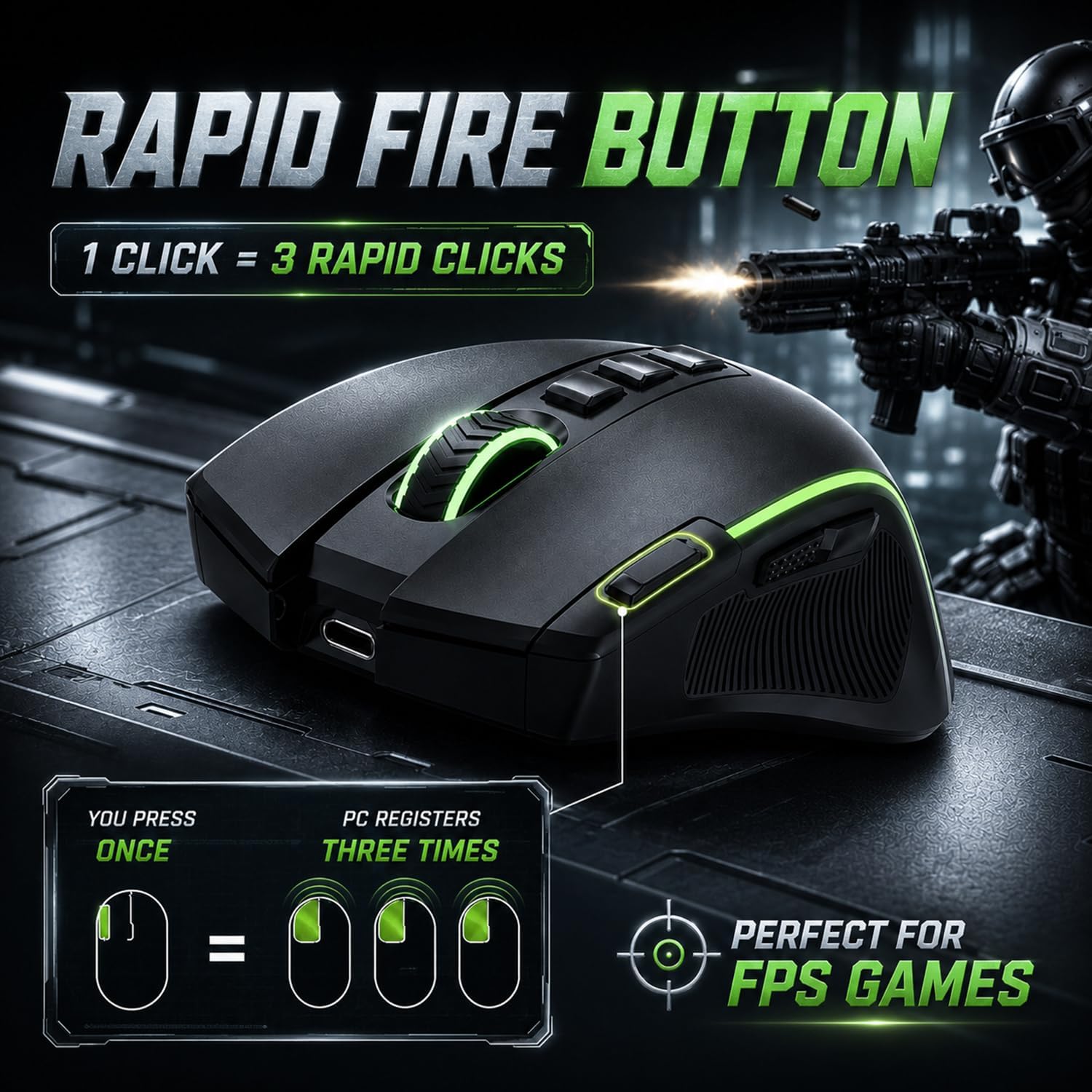 Ergonomic Wireless Gaming Mouse, Tri-Mode, Rapid Fire Key, 8000 DPI — image 2 of 8