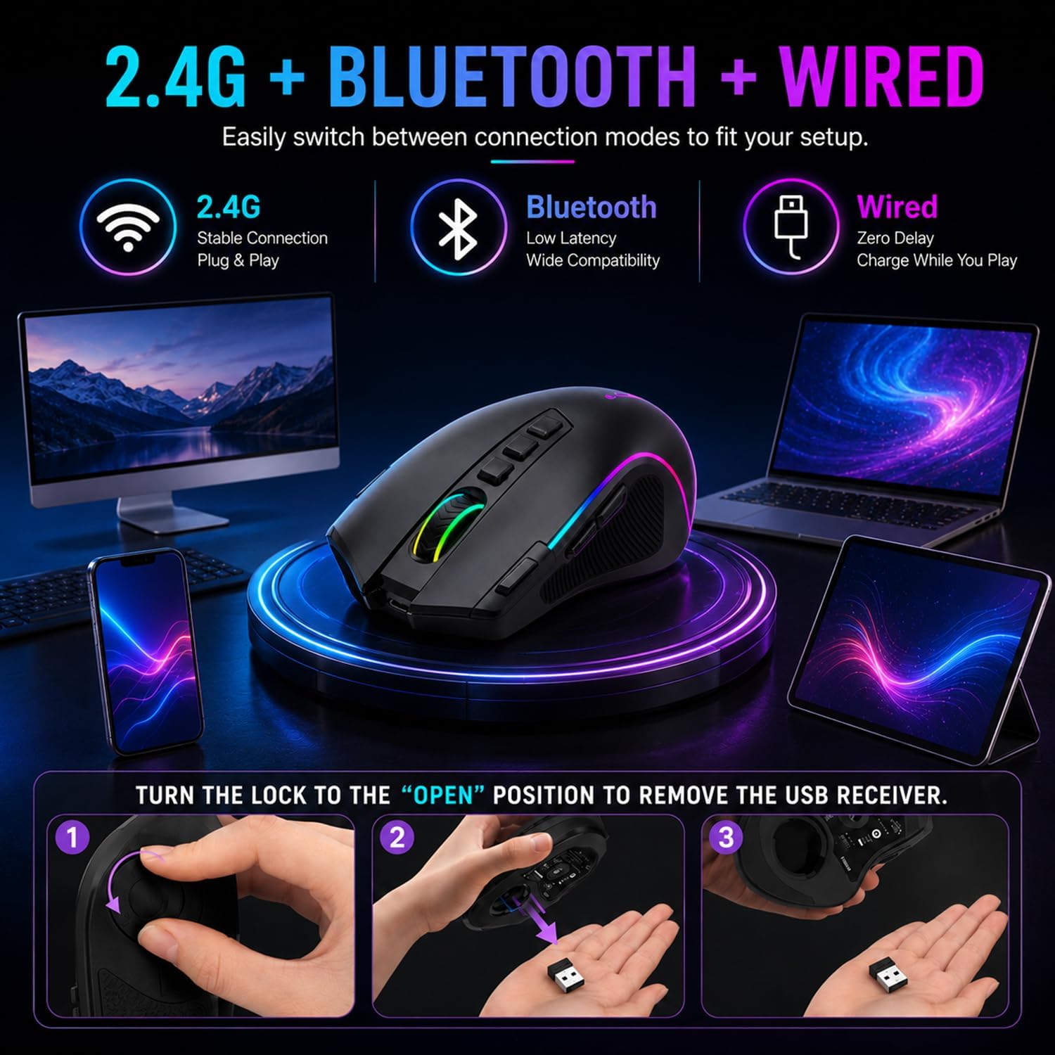 Ergonomic Wireless Gaming Mouse, Tri-Mode, Rapid Fire Key, 8000 DPI — image 3 of 8