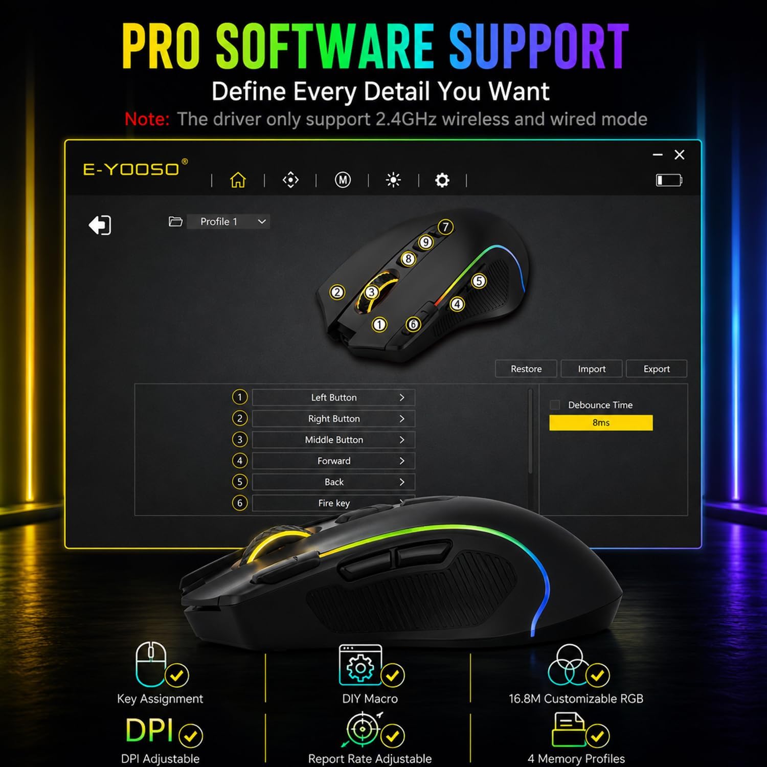 Ergonomic Wireless Gaming Mouse, Tri-Mode, Rapid Fire Key, 8000 DPI — image 5 of 8
