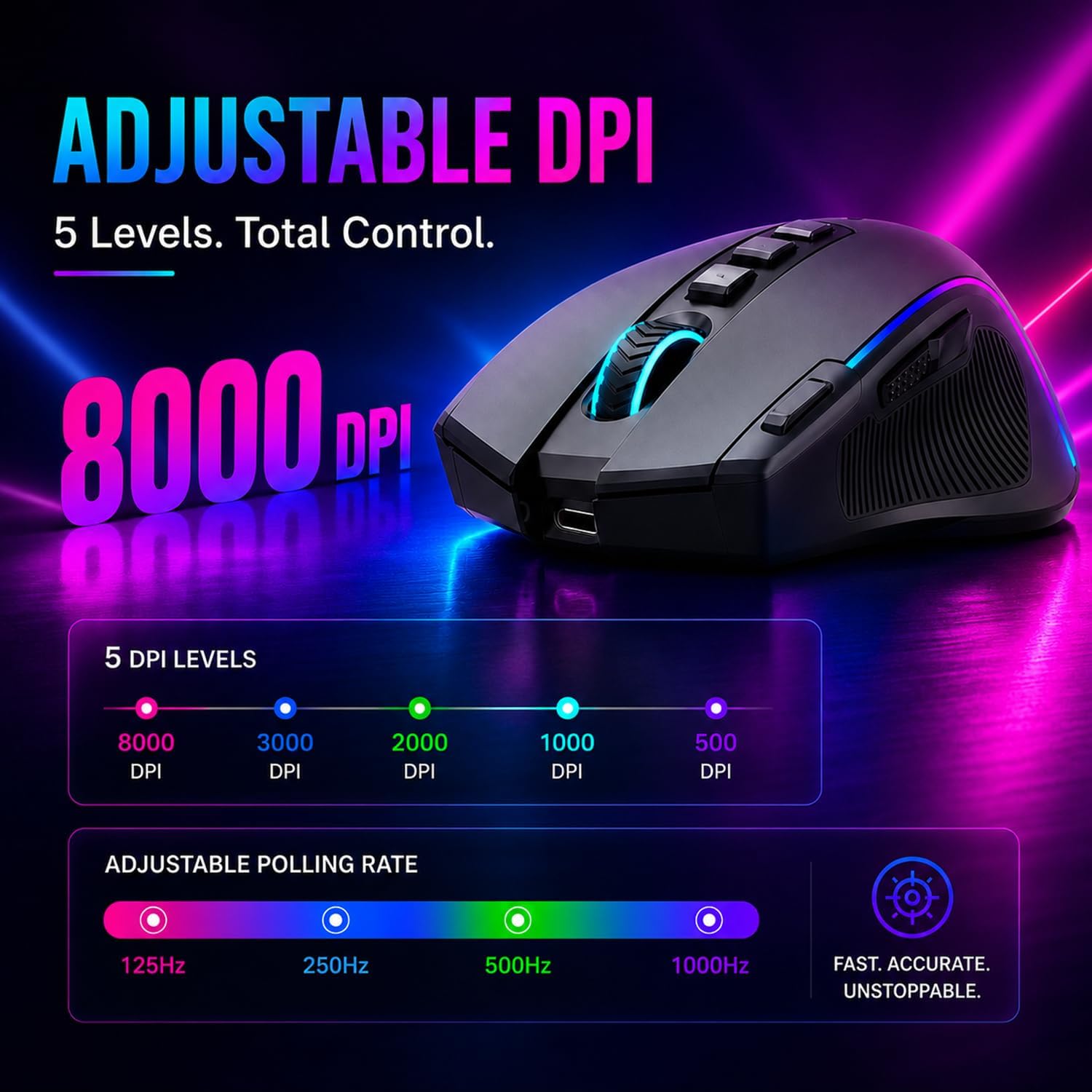 Ergonomic Wireless Gaming Mouse, Tri-Mode, Rapid Fire Key, 8000 DPI — image 6 of 8