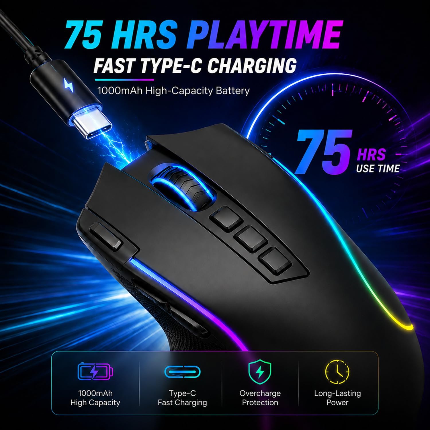 Ergonomic Wireless Gaming Mouse, Tri-Mode, Rapid Fire Key, 8000 DPI — image 7 of 8