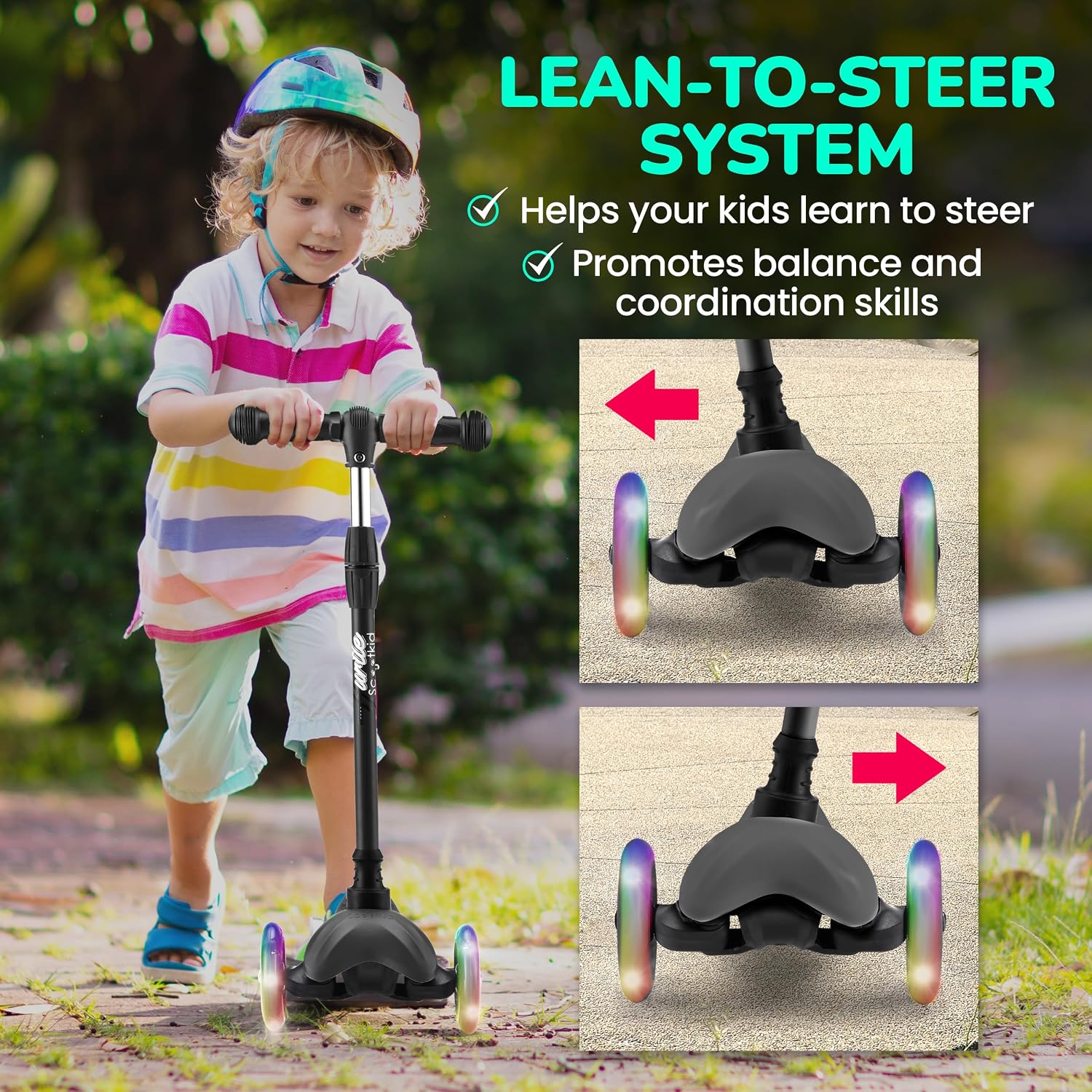 Mini Kickboard 3 Wheel Scooter for Kids Ages 2-5 - Lean-to-Steer Toddler Scooter with Light-up LED Wheels, Adjustable Height & Rear Foot Brake for Boys. & Girls, Anti-Slip, Indoor/Outdoor — image 2 of 7