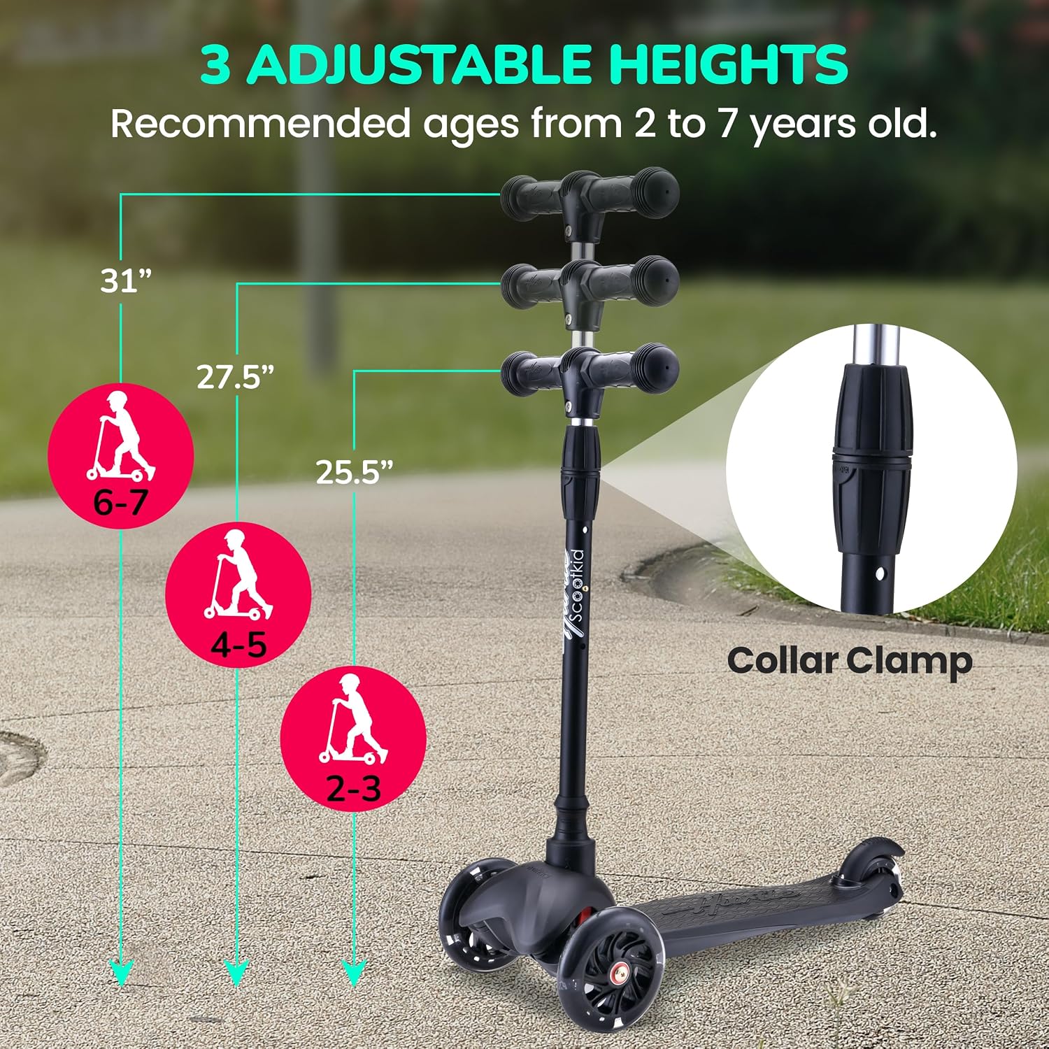 Mini Kickboard 3 Wheel Scooter for Kids Ages 2-5 - Lean-to-Steer Toddler Scooter with Light-up LED Wheels, Adjustable Height & Rear Foot Brake for Boys. & Girls, Anti-Slip, Indoor/Outdoor — image 3 of 7