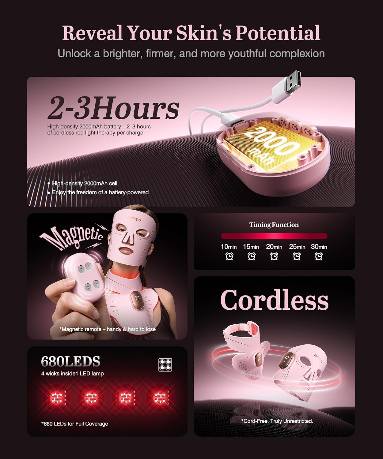Red Light Therapy Mask for Face & Neck, 850nm NIR & 660nm Red LED, 4 Modes — image 5 of 9