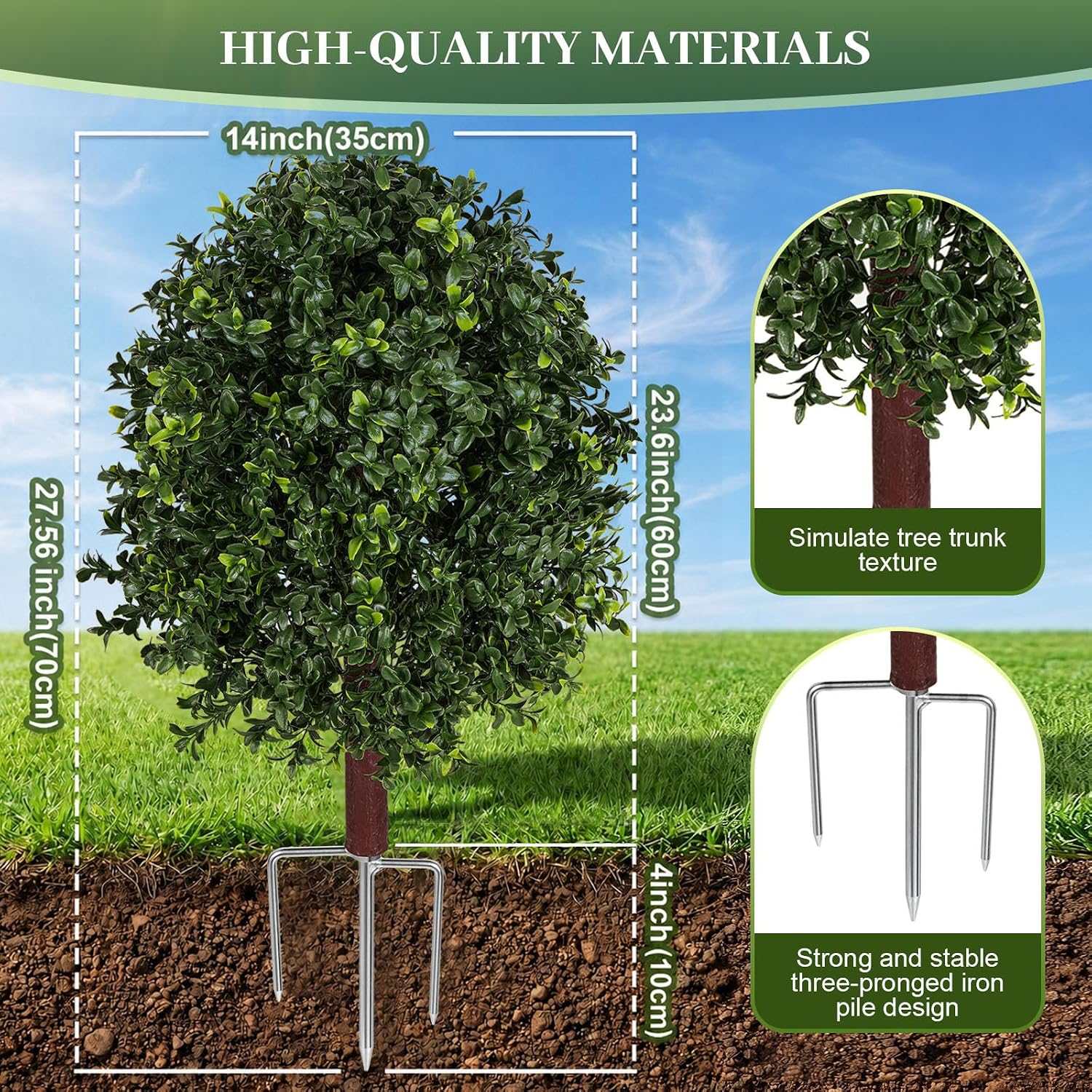 27.5" Artificial Boxwood Topiary Ball Tree Set of 2, UV Resistant Fake Boxwood Shrubs with Stainless Steel Ground Stake, Faux Evergreen Outdoor Plants for Front Porch, Patio & Garden Décor — image 2 of 8