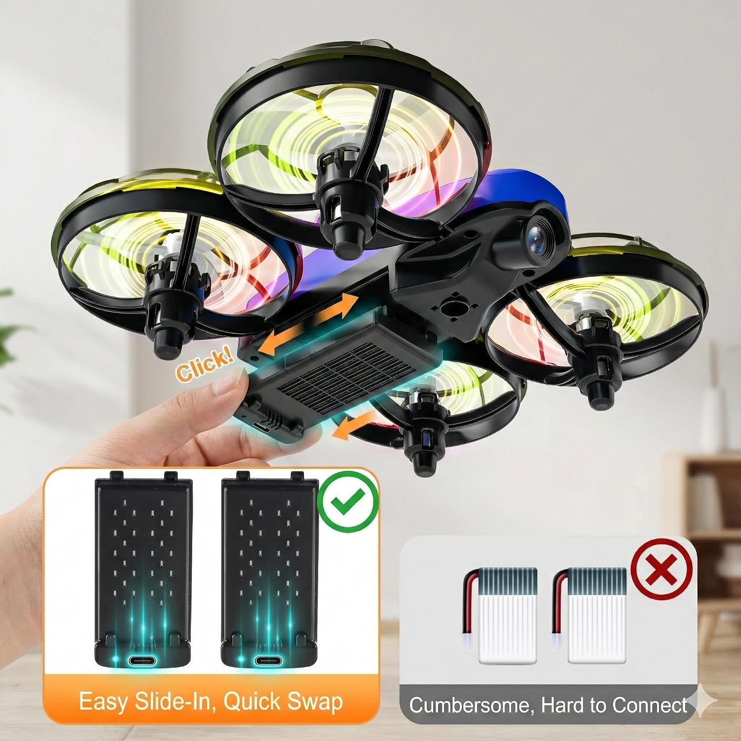 Drones for Kids with Camera,Rc Drone Indoor Small Helicopter,Birthday Gifts for Boys and Girls Beginners Friendly,Mini Quadcopter Toy With 2 Batteries,Propeller Protect,Altitude Hold — image 4 of 6
