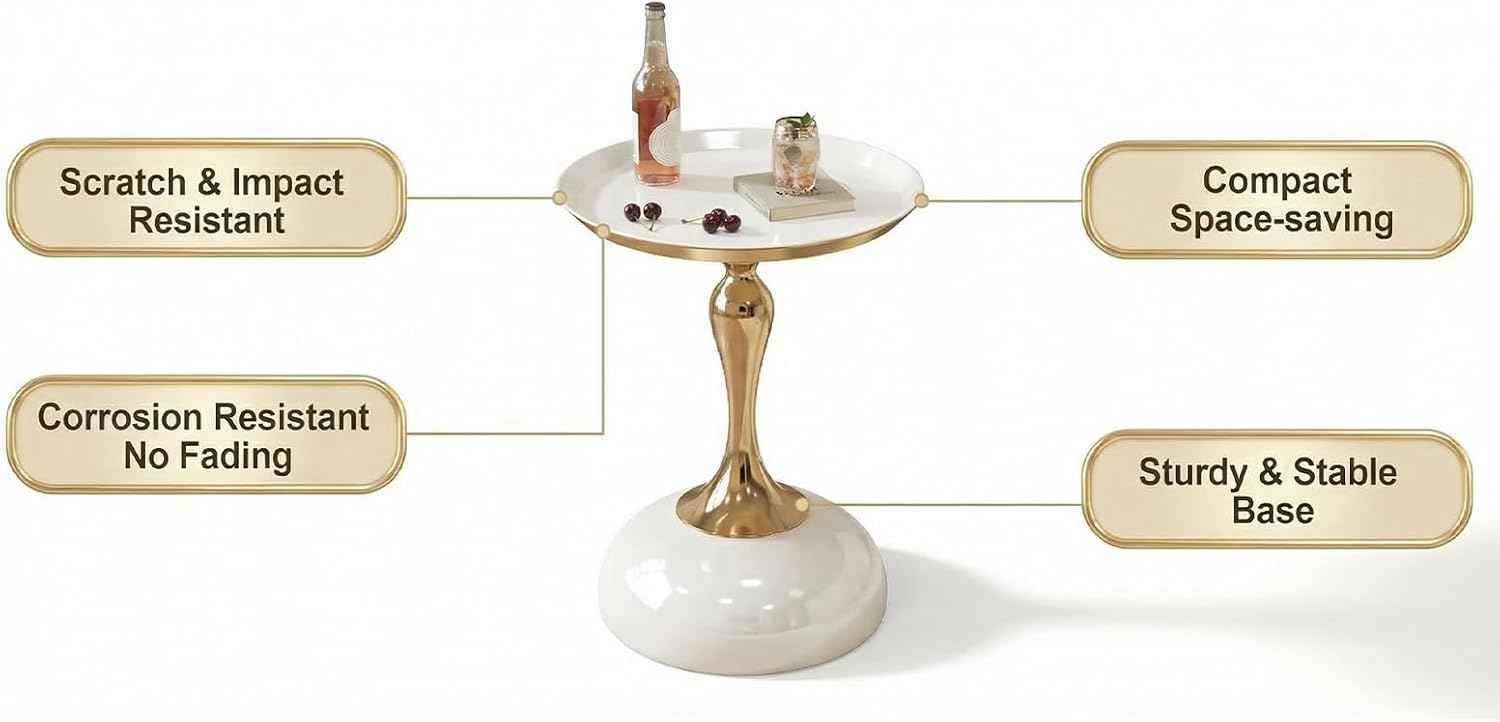 Small White Round Side Table with Gold Pedestal Base - Modern Chic Accent End Table for Living Room, Bedroom & Office Spaces — image 4 of 8