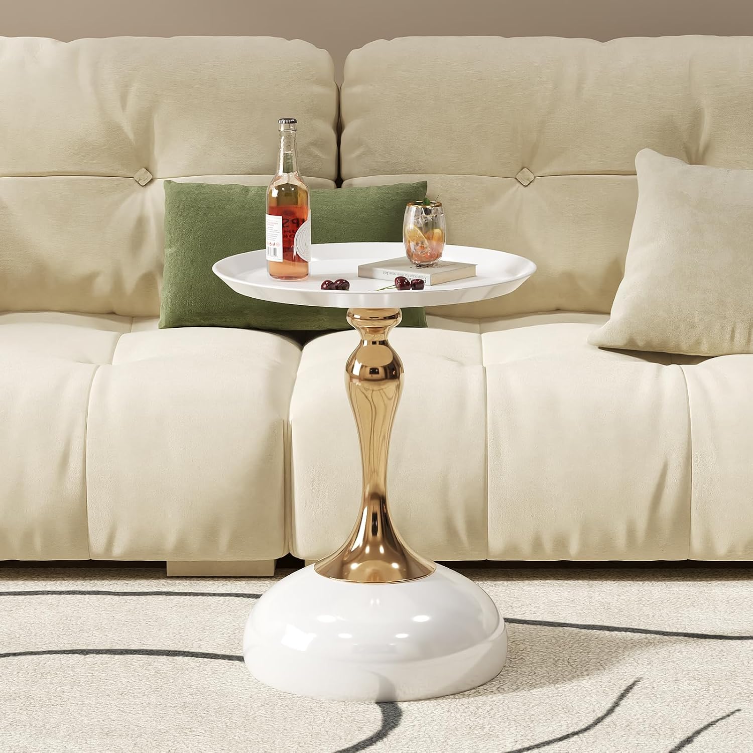 Small White Round Side Table with Gold Pedestal Base - Modern Chic Accent End Table for Living Room, Bedroom & Office Spaces — image 6 of 8