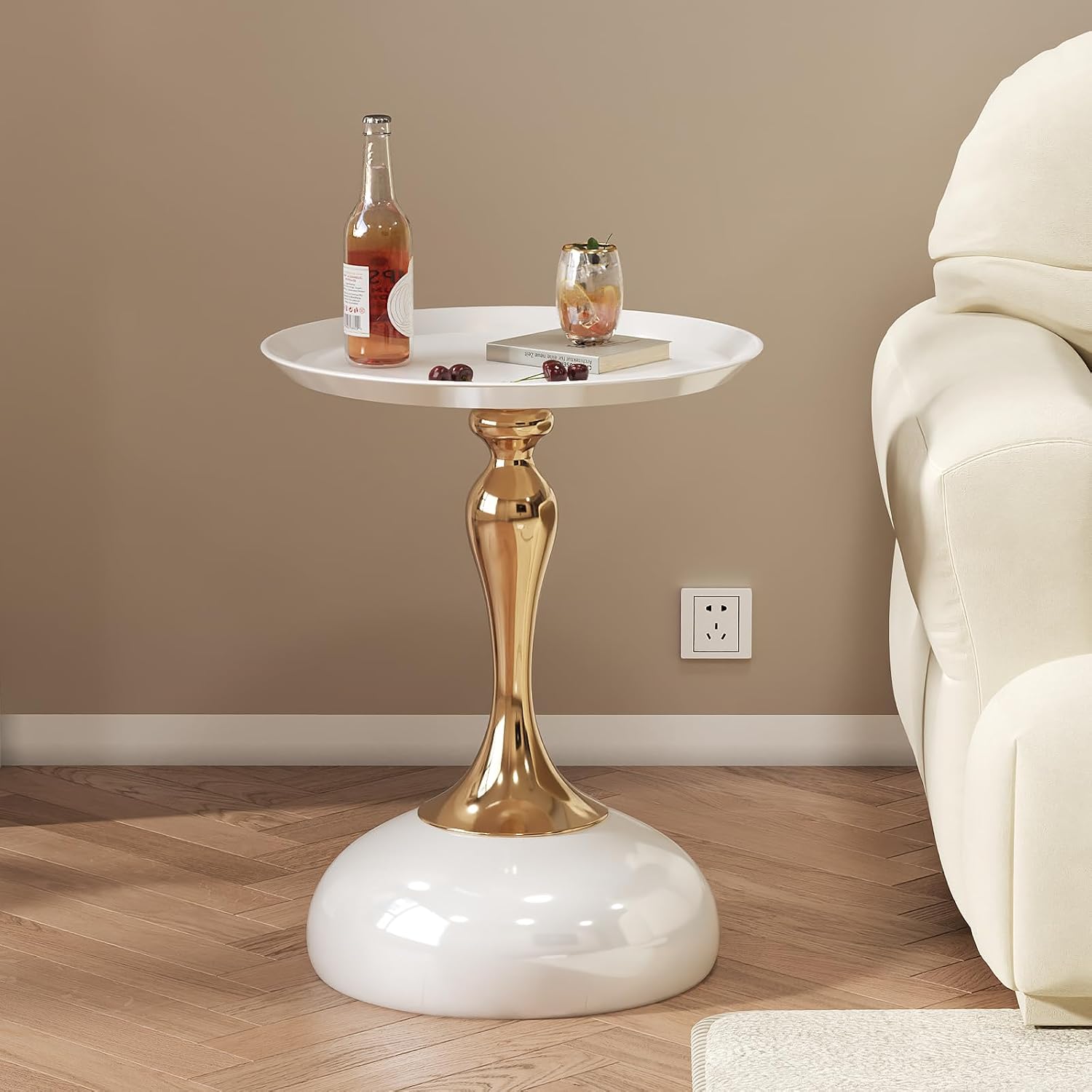 Small White Round Side Table with Gold Pedestal Base - Modern Chic Accent End Table for Living Room, Bedroom & Office Spaces — image 7 of 8