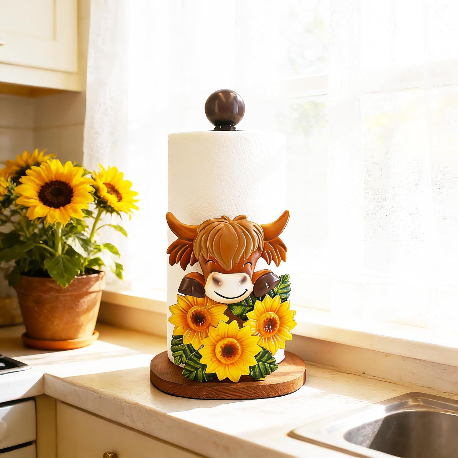 Cow Kitchen Decor Highland Cow Paper Towel Holder Countertop with Wooden Base 3D Handmade Pattern Farmhouse Rustic Style Sunflower Kitchen Decor for Home — image 3 of 8