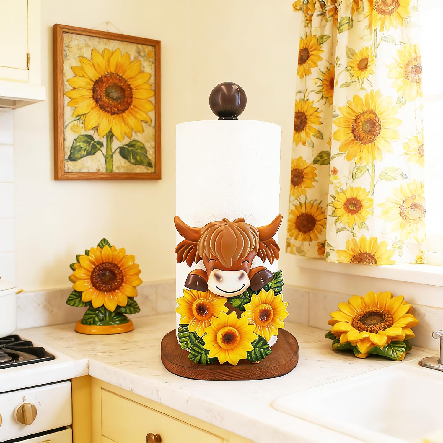 Cow Kitchen Decor Highland Cow Paper Towel Holder Countertop with Wooden Base 3D Handmade Pattern Farmhouse Rustic Style Sunflower Kitchen Decor for Home — image 4 of 8