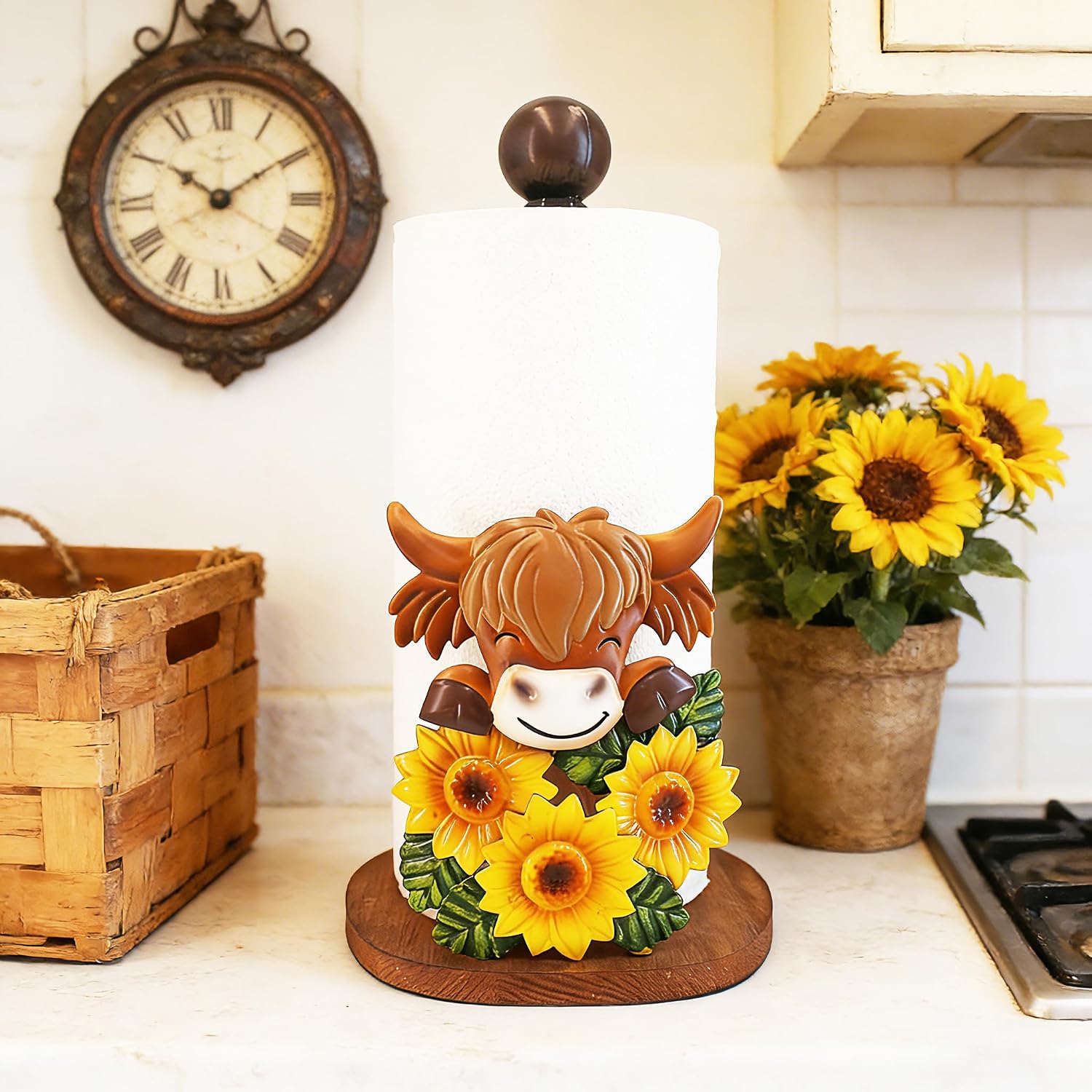 Cow Kitchen Decor Highland Cow Paper Towel Holder Countertop with Wooden Base 3D Handmade Pattern Farmhouse Rustic Style Sunflower Kitchen Decor for Home — image 5 of 8