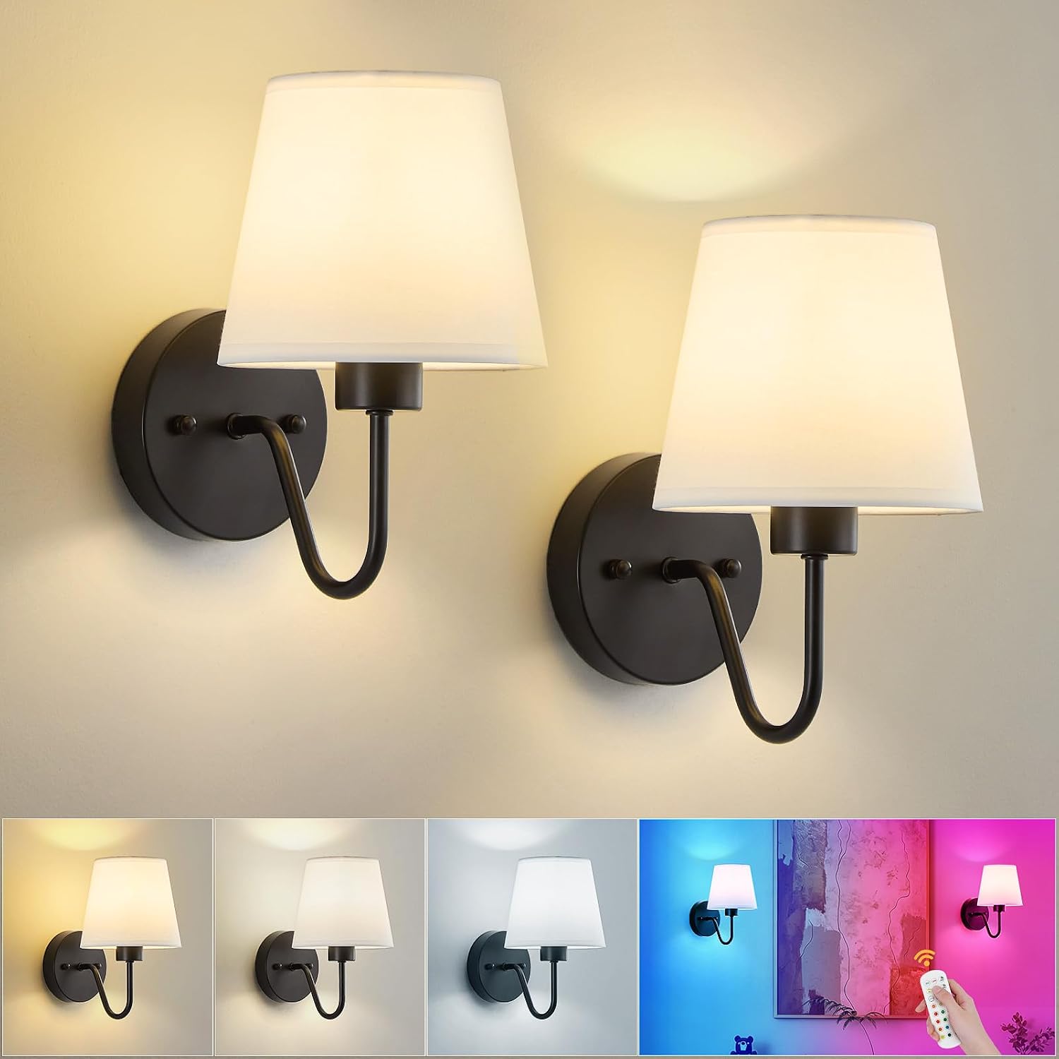 Battery Operated Wall Sconces Set of 2, Gold Rechargeable Wall Lights with 10000mAh Dimmable Bulbs & Remote Control, 15 Colors Wireless Wall Lamps for Bedroom Living Room Hallway — image 10 of 10
