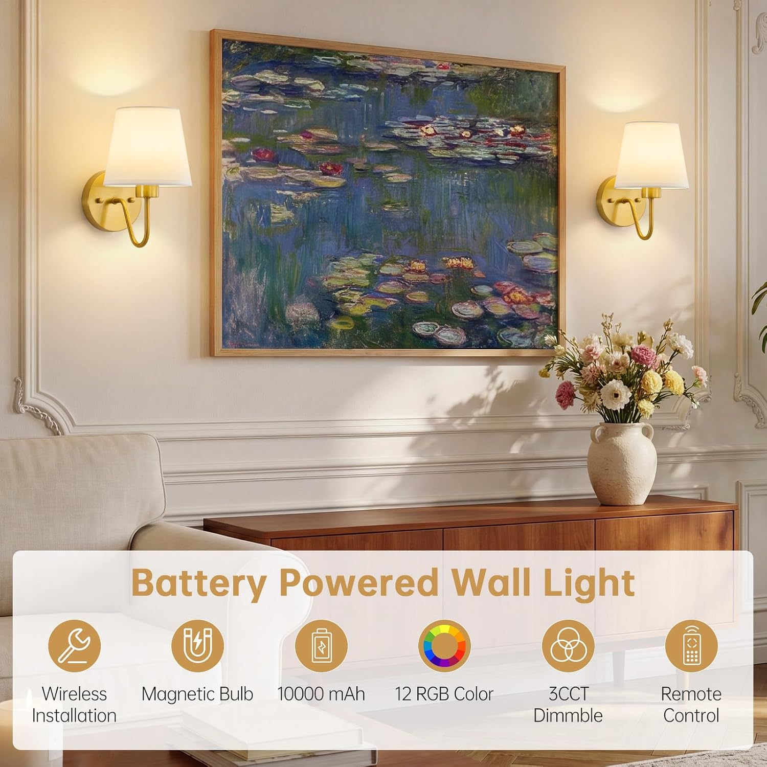 Battery Operated Wall Sconces Set of 2, Gold Rechargeable Wall Lights with 10000mAh Dimmable Bulbs & Remote Control, 15 Colors Wireless Wall Lamps for Bedroom Living Room Hallway — image 2 of 10