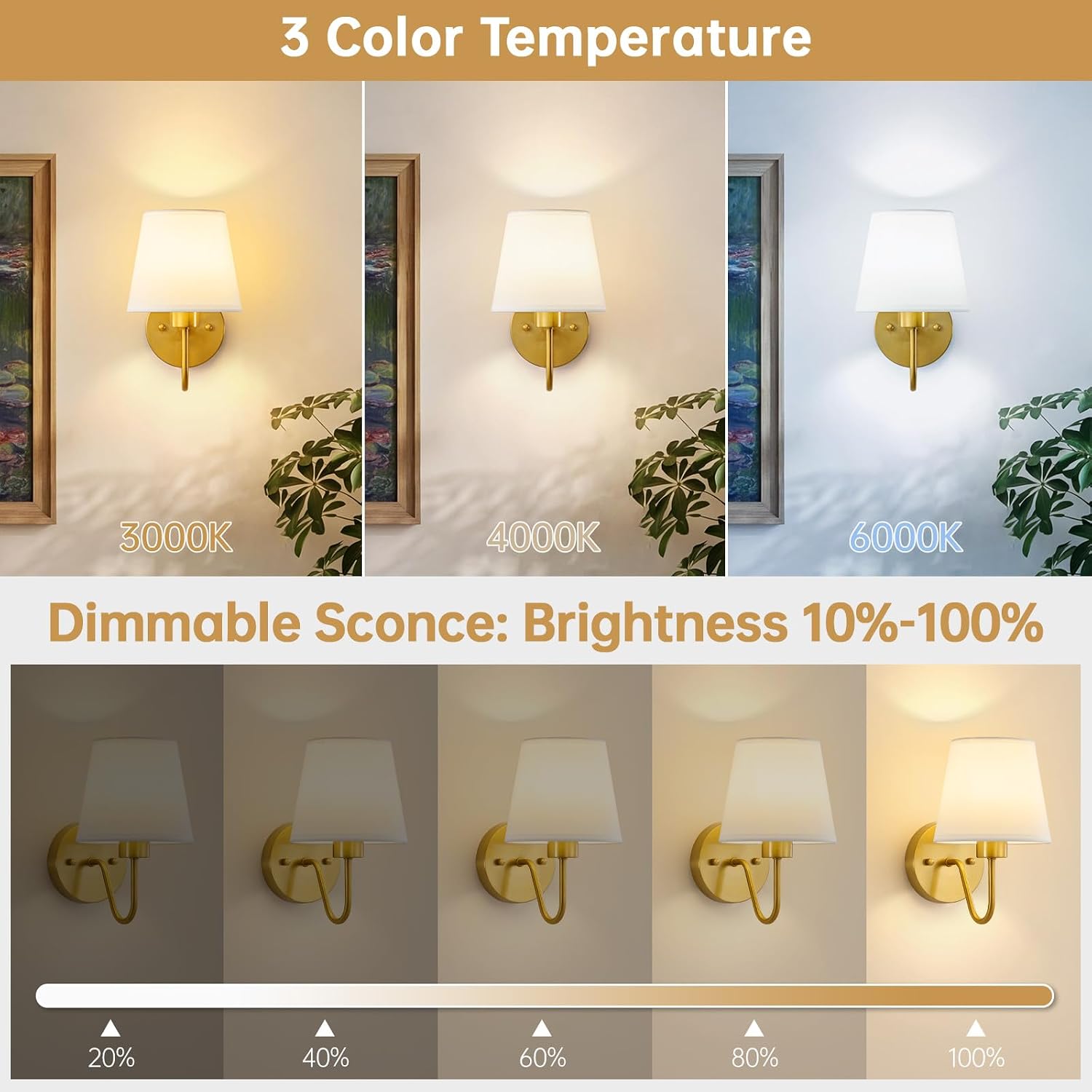 Battery Operated Wall Sconces Set of 2, Gold Rechargeable Wall Lights with 10000mAh Dimmable Bulbs & Remote Control, 15 Colors Wireless Wall Lamps for Bedroom Living Room Hallway — image 4 of 10