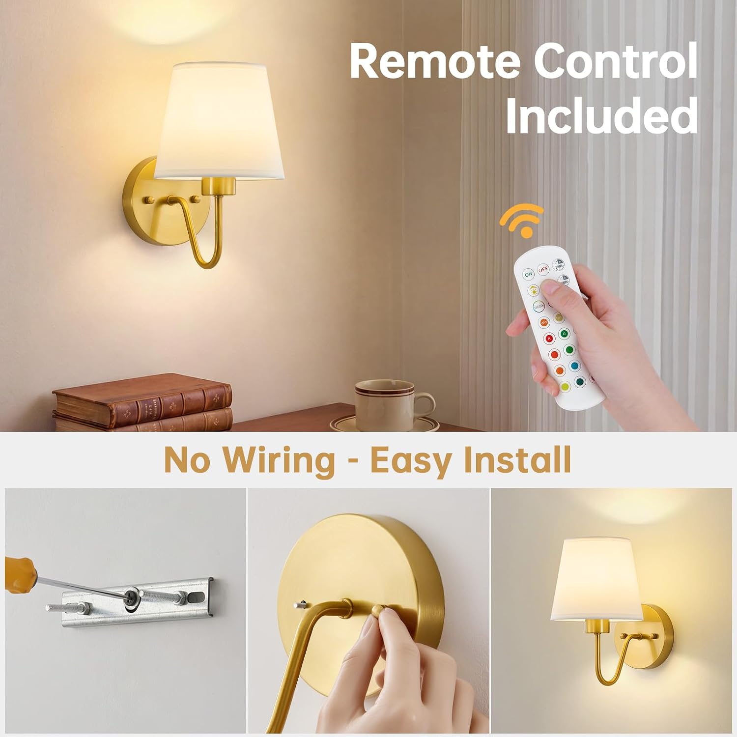 Battery Operated Wall Sconces Set of 2, Gold Rechargeable Wall Lights with 10000mAh Dimmable Bulbs & Remote Control, 15 Colors Wireless Wall Lamps for Bedroom Living Room Hallway — image 6 of 10