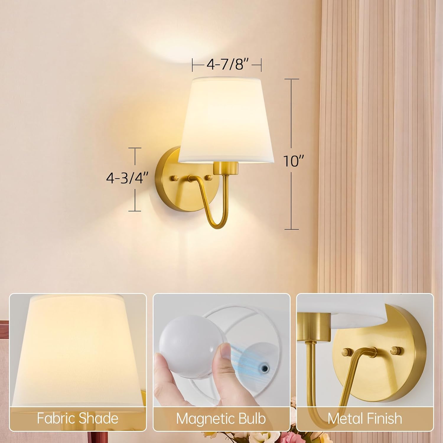 Battery Operated Wall Sconces Set of 2, Gold Rechargeable Wall Lights with 10000mAh Dimmable Bulbs & Remote Control, 15 Colors Wireless Wall Lamps for Bedroom Living Room Hallway — image 7 of 10