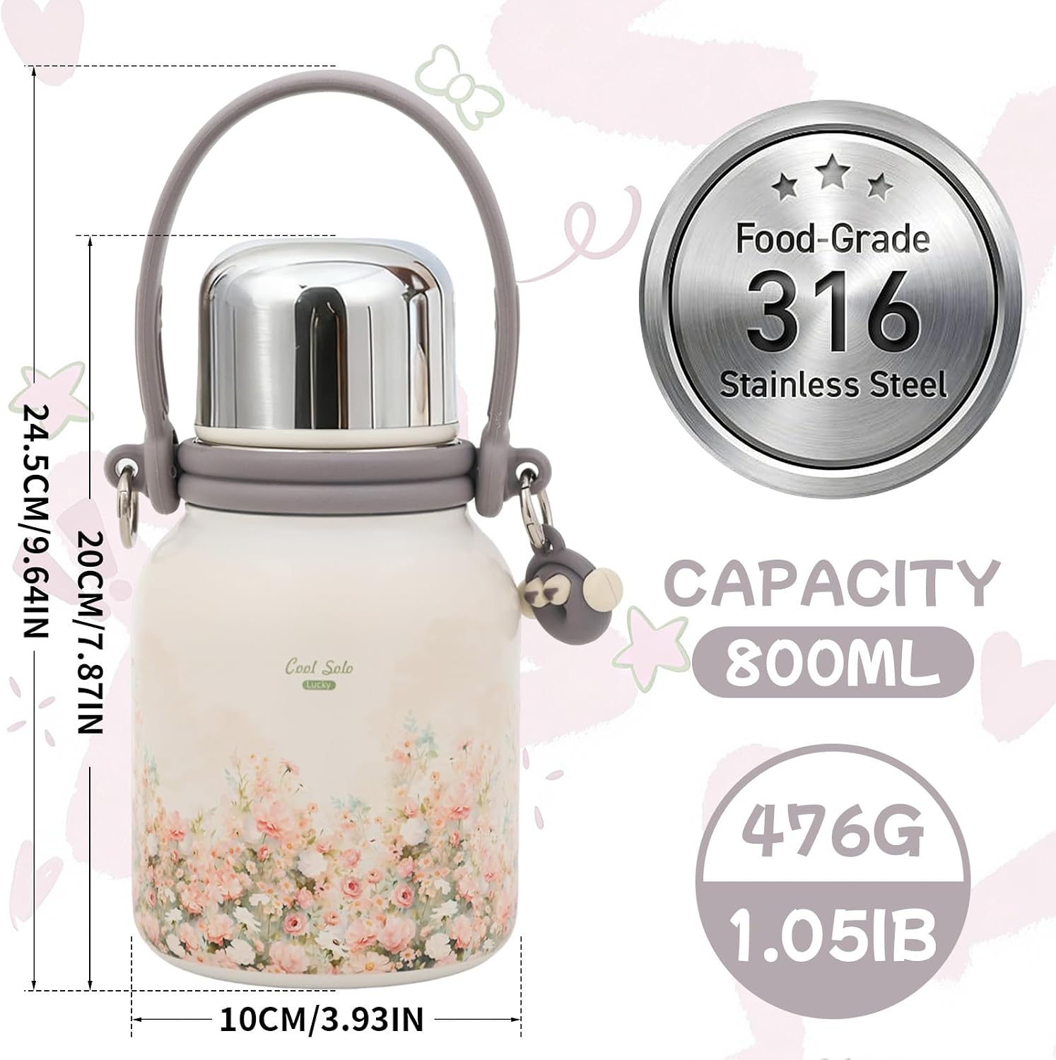 27 oz Cute Floral Insulated Water Bottle with Strap & Handle — image 5 of 7