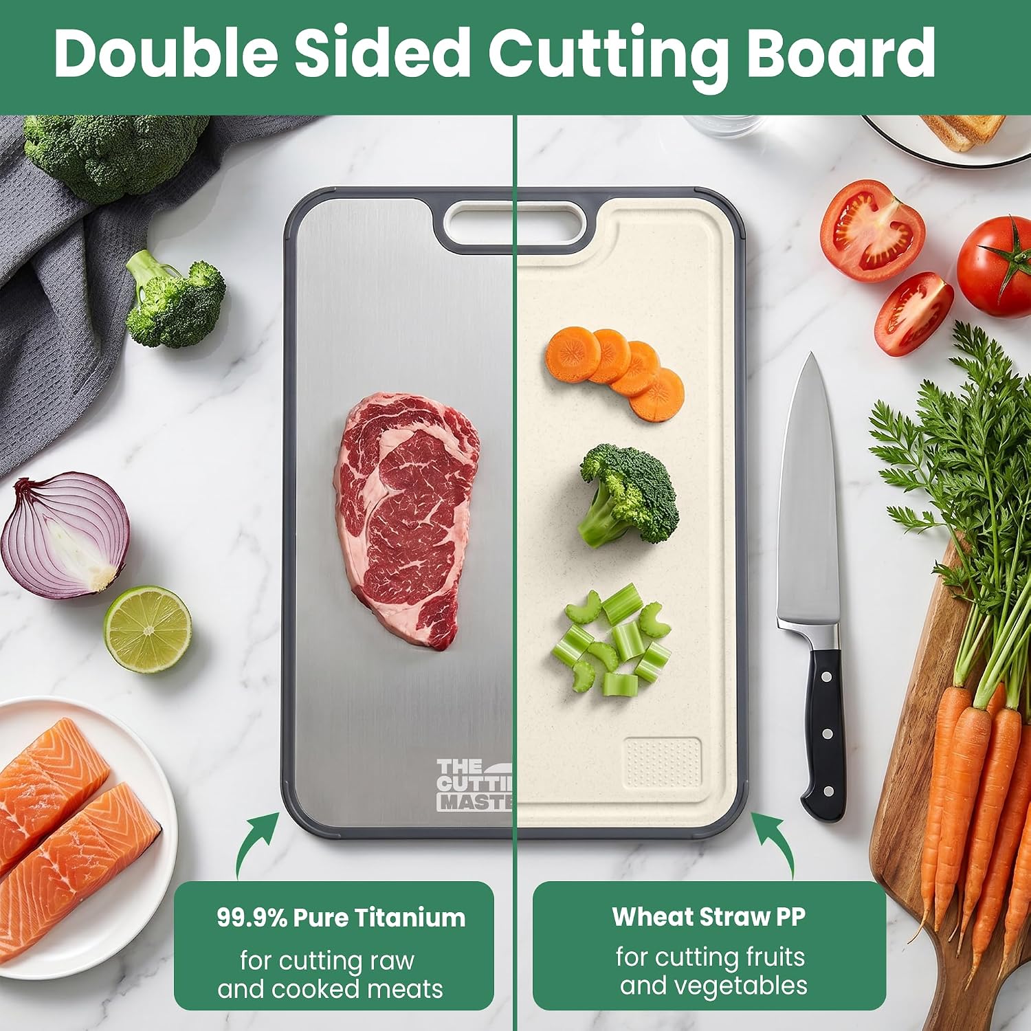 Titanium Cutting Board for Kitchen – 2 in 1 Pure Titanium & Organic Wheat Straw Double Sided Chopping Board with Juice Groove, Garlic Grinder, Wall Holder – 15×10.4 Inch Non Slip — image 2 of 8