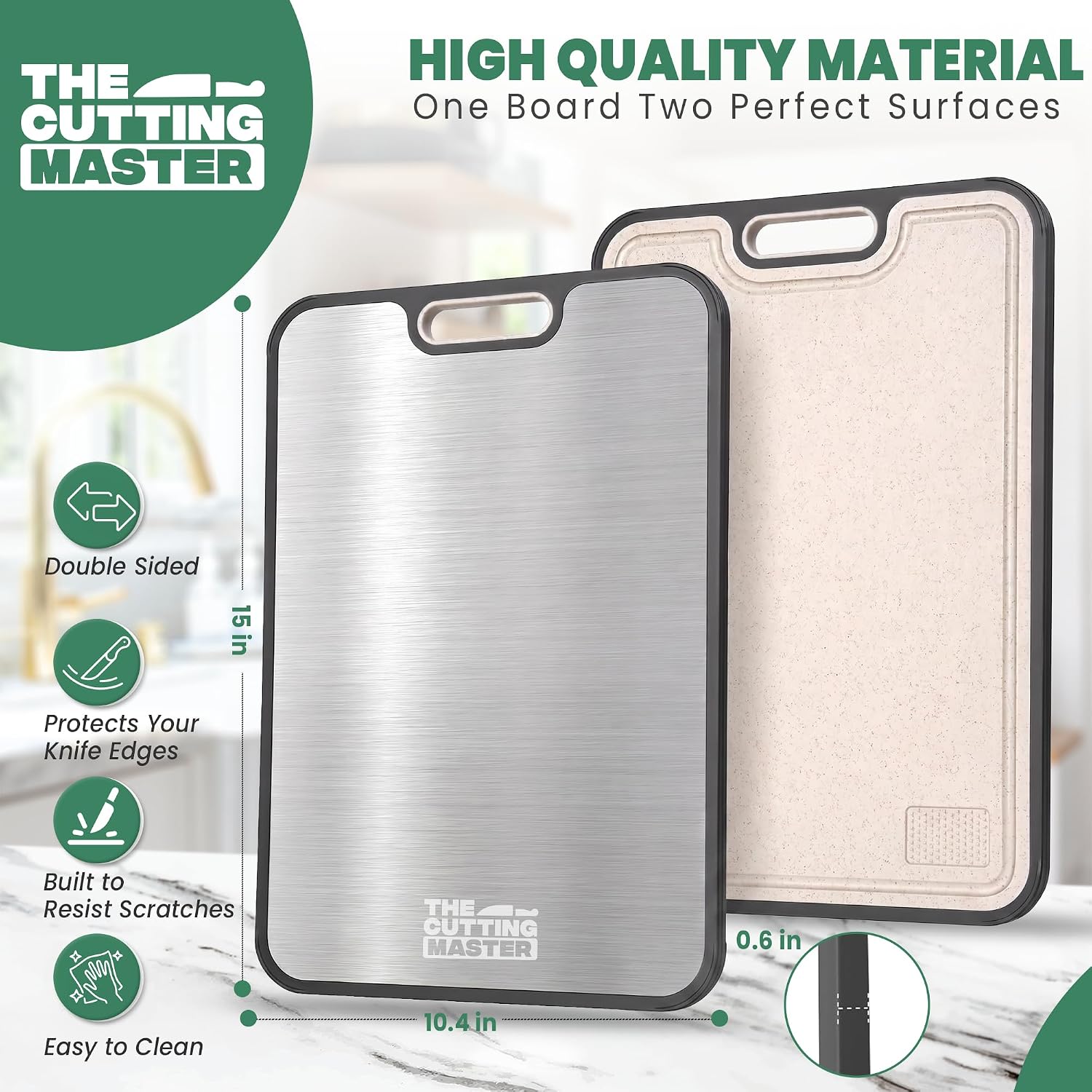 Titanium Cutting Board for Kitchen – 2 in 1 Pure Titanium & Organic Wheat Straw Double Sided Chopping Board with Juice Groove, Garlic Grinder, Wall Holder – 15×10.4 Inch Non Slip — image 3 of 8