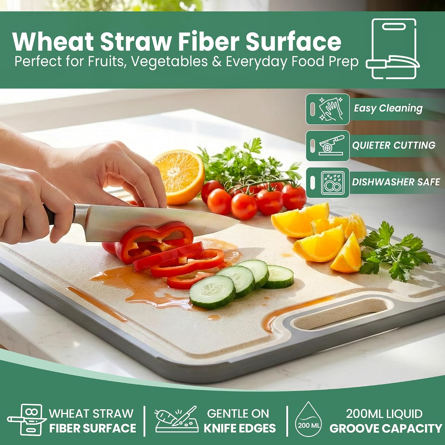 Titanium Cutting Board for Kitchen – 2 in 1 Pure Titanium & Organic Wheat Straw Double Sided Chopping Board with Juice Groove, Garlic Grinder, Wall Holder – 15×10.4 Inch Non Slip — image 5 of 8