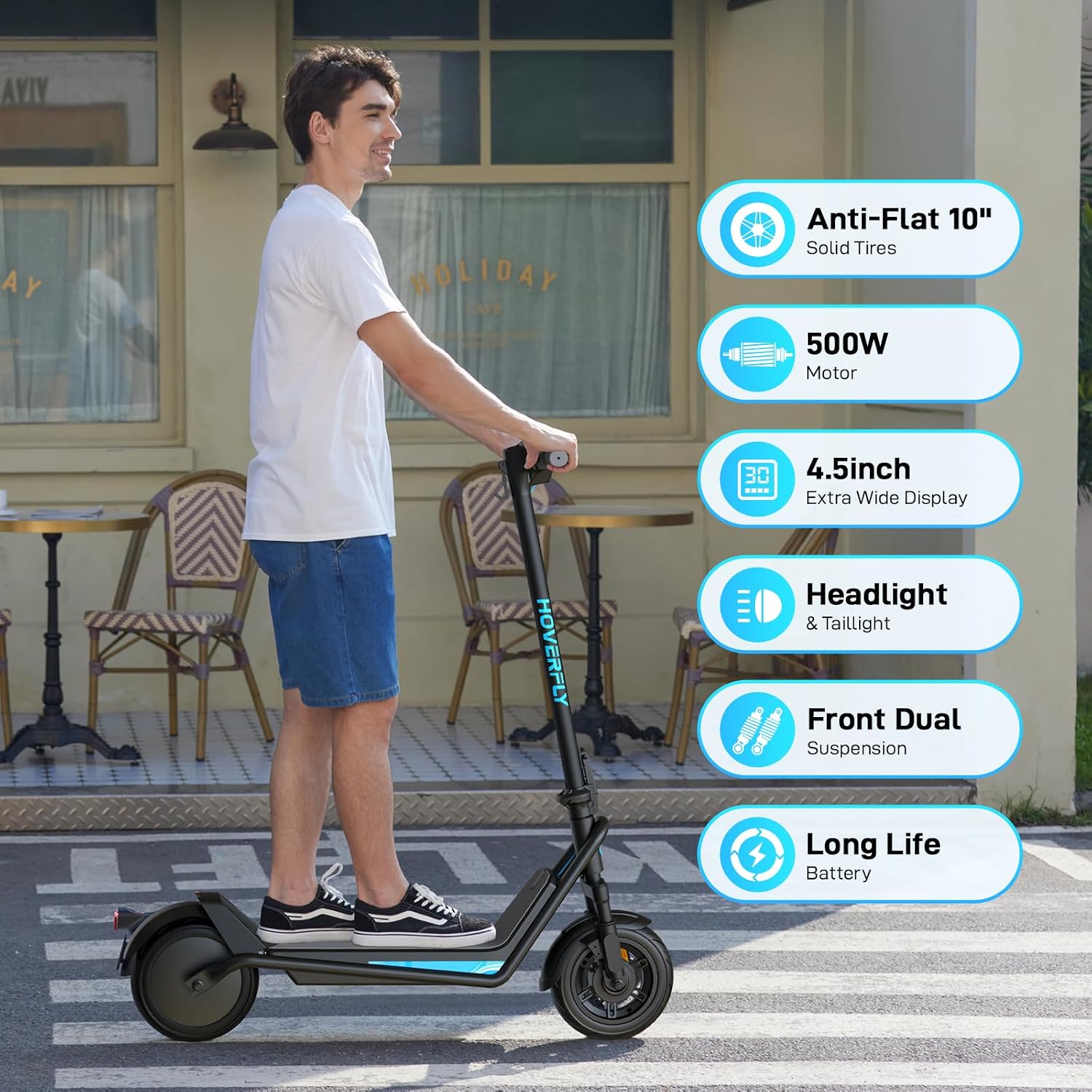 HOVERFLY Electric Scooter for Adults, 10" Solid Tires, 36V 7.8Ah Battery, Electric Code Lock, Big LCD Display w/ Cruise Control, Front Suspension Foldable Escooter — image 2 of 11