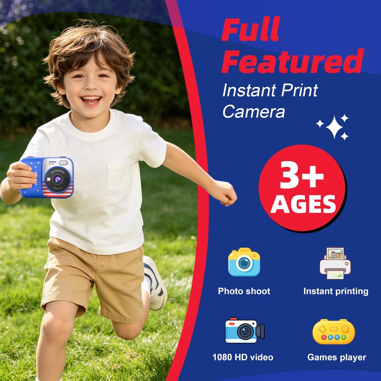 Kids Instant Print Camera with 5 Rolls Print Paper, 1080P HD Camera, Rechargeable Portable Toddler Selfie Camera, Christmas Birthday Gifts Toys for Boys Girls Age 3-12 (Red & Blue) — image 2 of 7