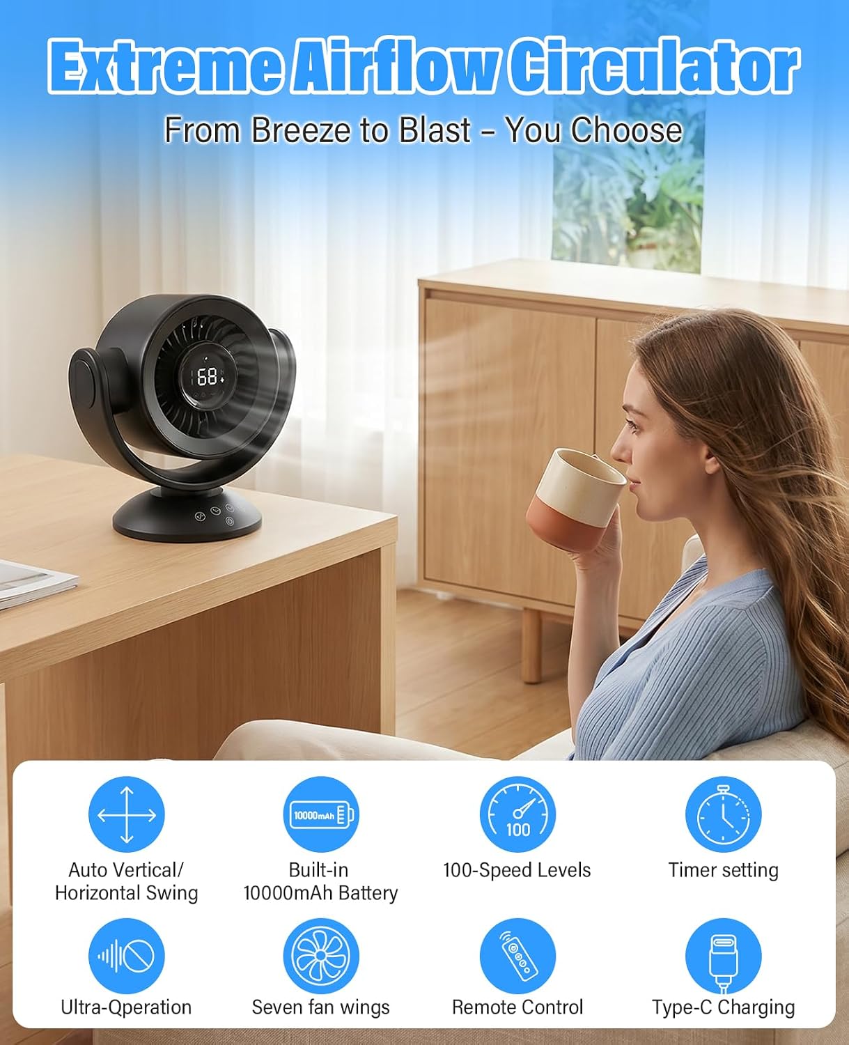 Fan for Bedroom,Desk Fans,Air Circulator Fan with Remote, 90°Vertical +120°Auto Oscillating,100 Speeds, 10H Timer, 25dB Quiet Fan,Digital Display Rechargeable USB, for Home Office Travel（Black） — image 2 of 11