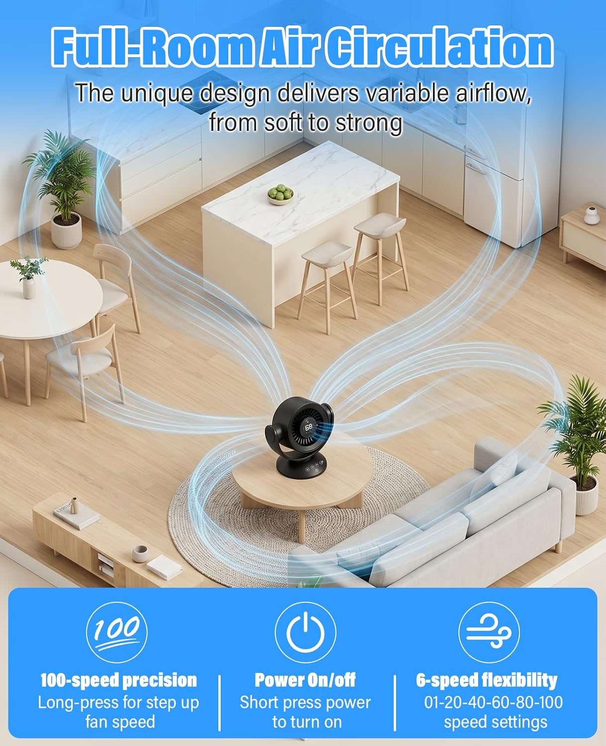 Fan for Bedroom,Desk Fans,Air Circulator Fan with Remote, 90°Vertical +120°Auto Oscillating,100 Speeds, 10H Timer, 25dB Quiet Fan,Digital Display Rechargeable USB, for Home Office Travel（Black） — image 3 of 11