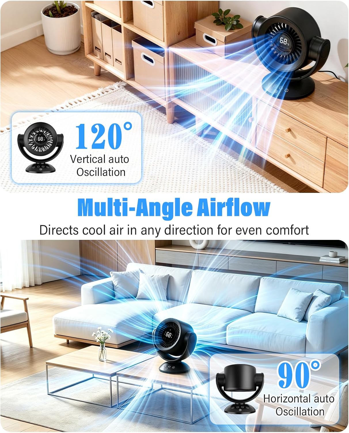 Fan for Bedroom,Desk Fans,Air Circulator Fan with Remote, 90°Vertical +120°Auto Oscillating,100 Speeds, 10H Timer, 25dB Quiet Fan,Digital Display Rechargeable USB, for Home Office Travel（Black） — image 4 of 11