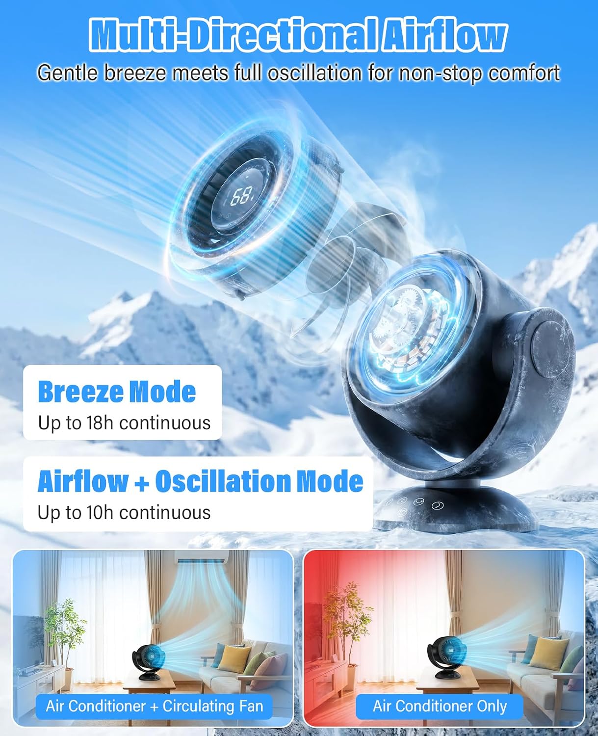 Fan for Bedroom,Desk Fans,Air Circulator Fan with Remote, 90°Vertical +120°Auto Oscillating,100 Speeds, 10H Timer, 25dB Quiet Fan,Digital Display Rechargeable USB, for Home Office Travel（Black） — image 5 of 11