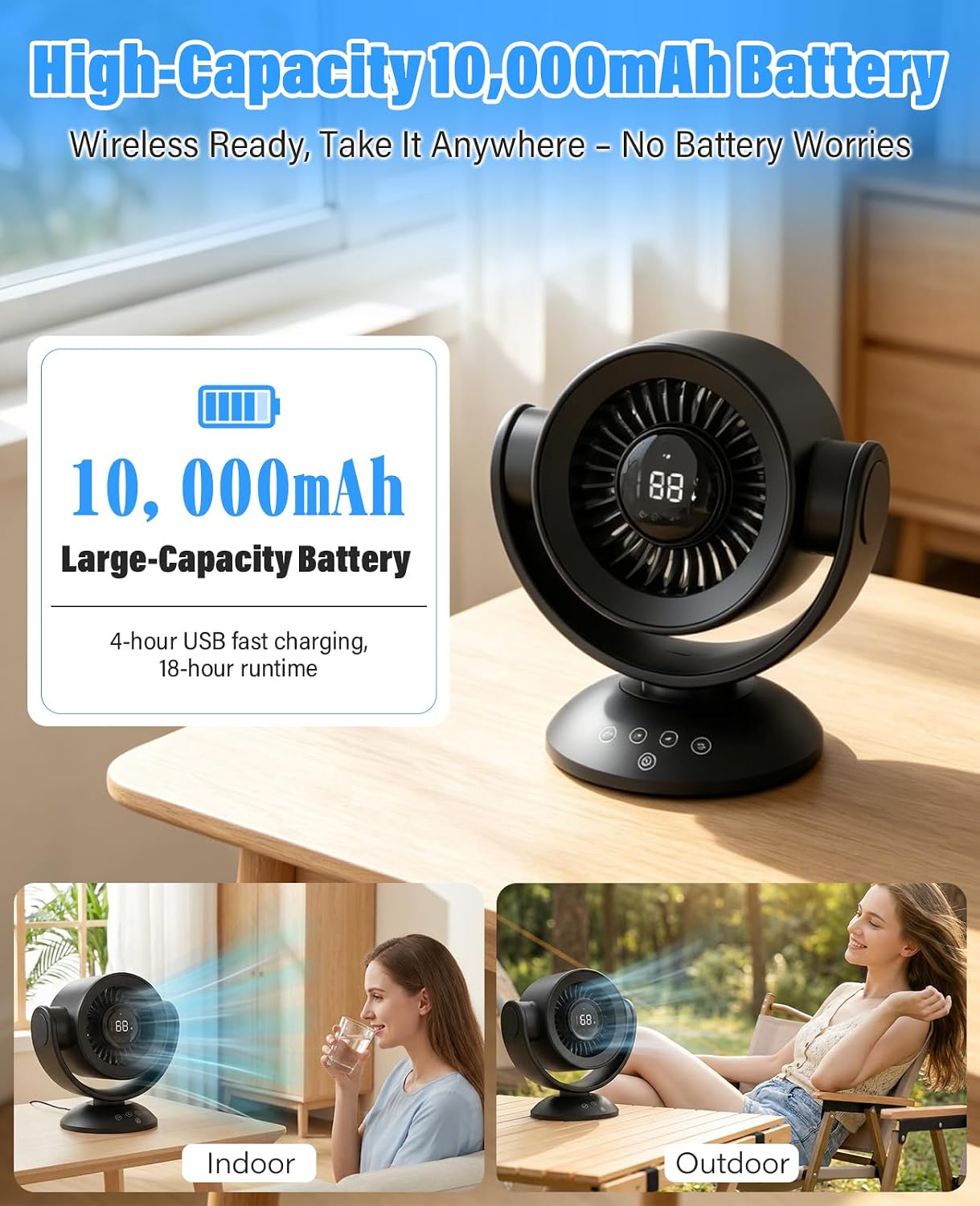 Fan for Bedroom,Desk Fans,Air Circulator Fan with Remote, 90°Vertical +120°Auto Oscillating,100 Speeds, 10H Timer, 25dB Quiet Fan,Digital Display Rechargeable USB, for Home Office Travel（Black） — image 7 of 11