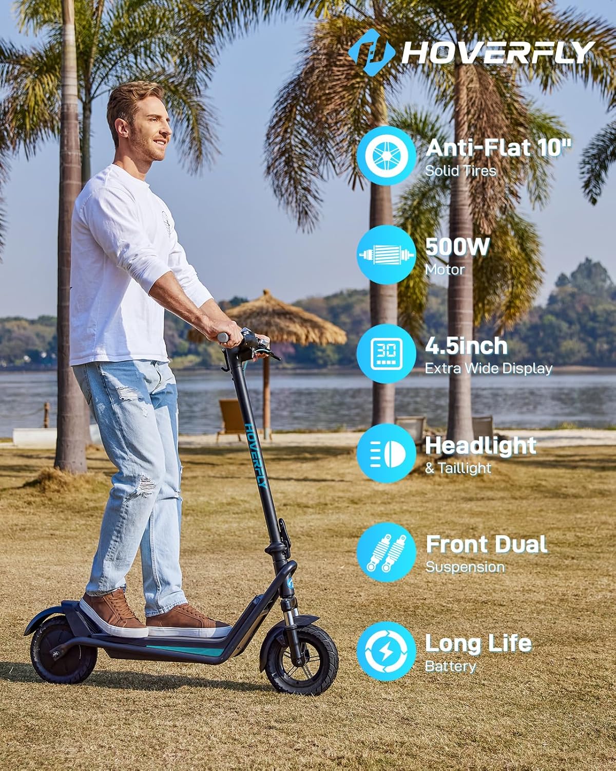 HOVERFLY Electric Scooter for Adults, 10" Solid Tires, 36V 7.8Ah Battery, Electric Code Lock, Big LCD Display w/ Cruise Control, Front Suspension Foldable Escooter — image 2 of 11