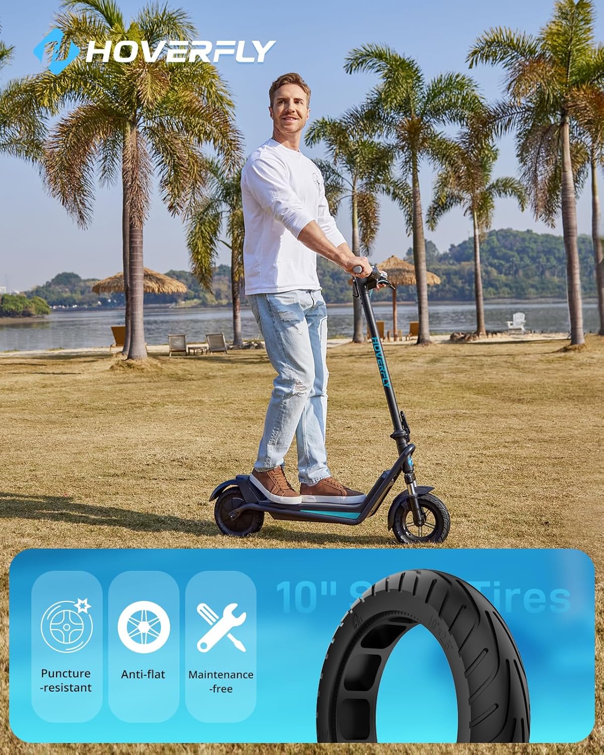 HOVERFLY Electric Scooter for Adults, 10" Solid Tires, 36V 7.8Ah Battery, Electric Code Lock, Big LCD Display w/ Cruise Control, Front Suspension Foldable Escooter — image 4 of 11