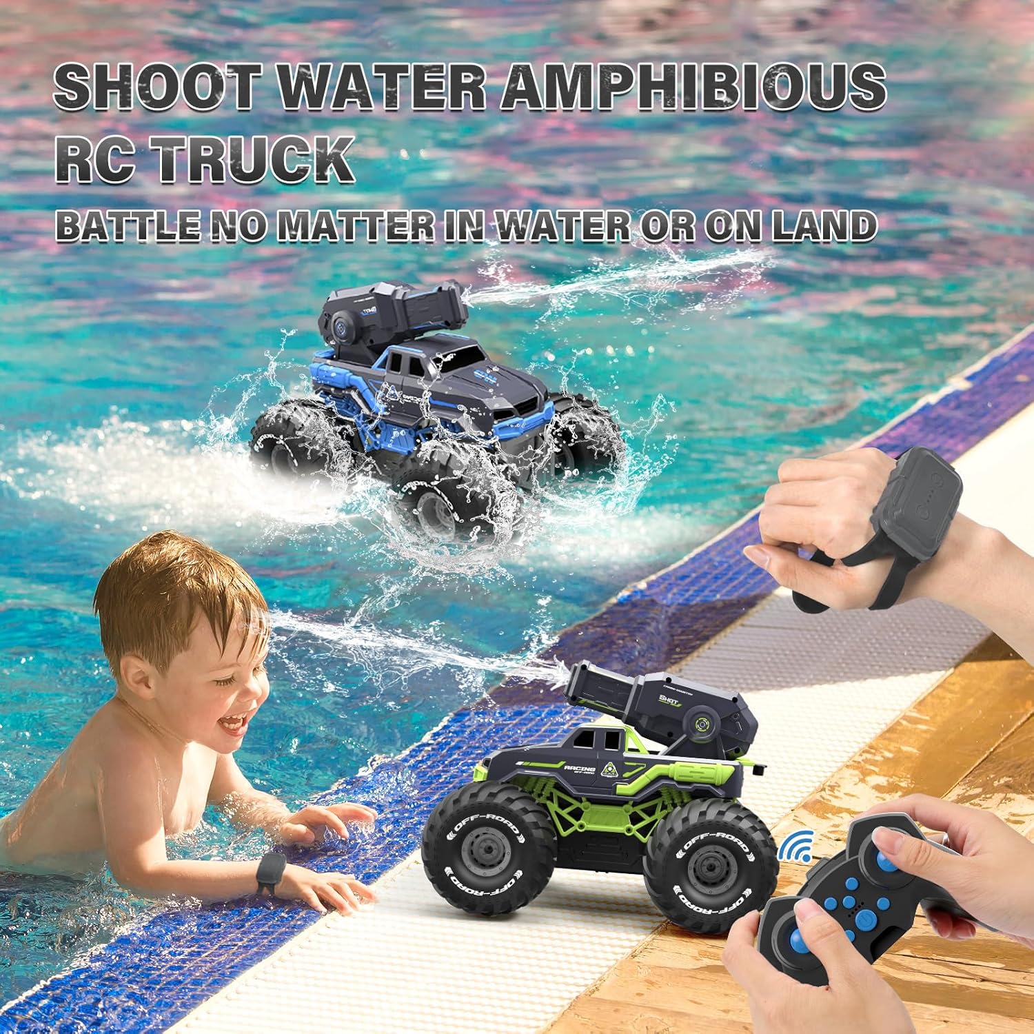 Amphibious Remote Control Car Boat Water Squirt RC Tank 2.4GHz Gesture Sensor 4WD Monster Truck Waterproof RC Car for 6 7 8 9-12 Kids Girls Boys Gift Beach Pool Water Toy With 2 Replaceable Batteries — image 3 of 8