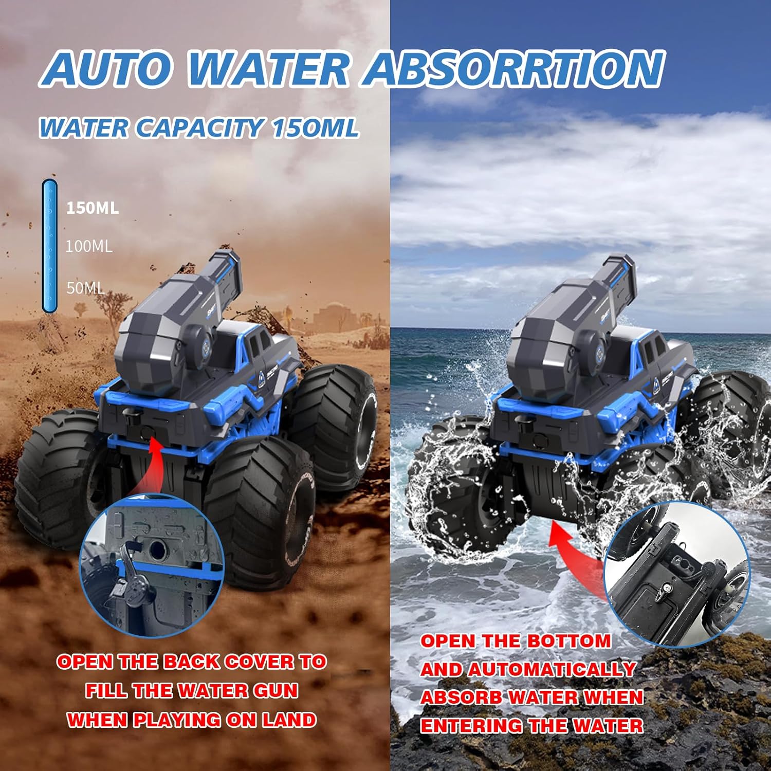 Amphibious Remote Control Car Boat Water Squirt RC Tank 2.4GHz Gesture Sensor 4WD Monster Truck Waterproof RC Car for 6 7 8 9-12 Kids Girls Boys Gift Beach Pool Water Toy With 2 Replaceable Batteries — image 4 of 8