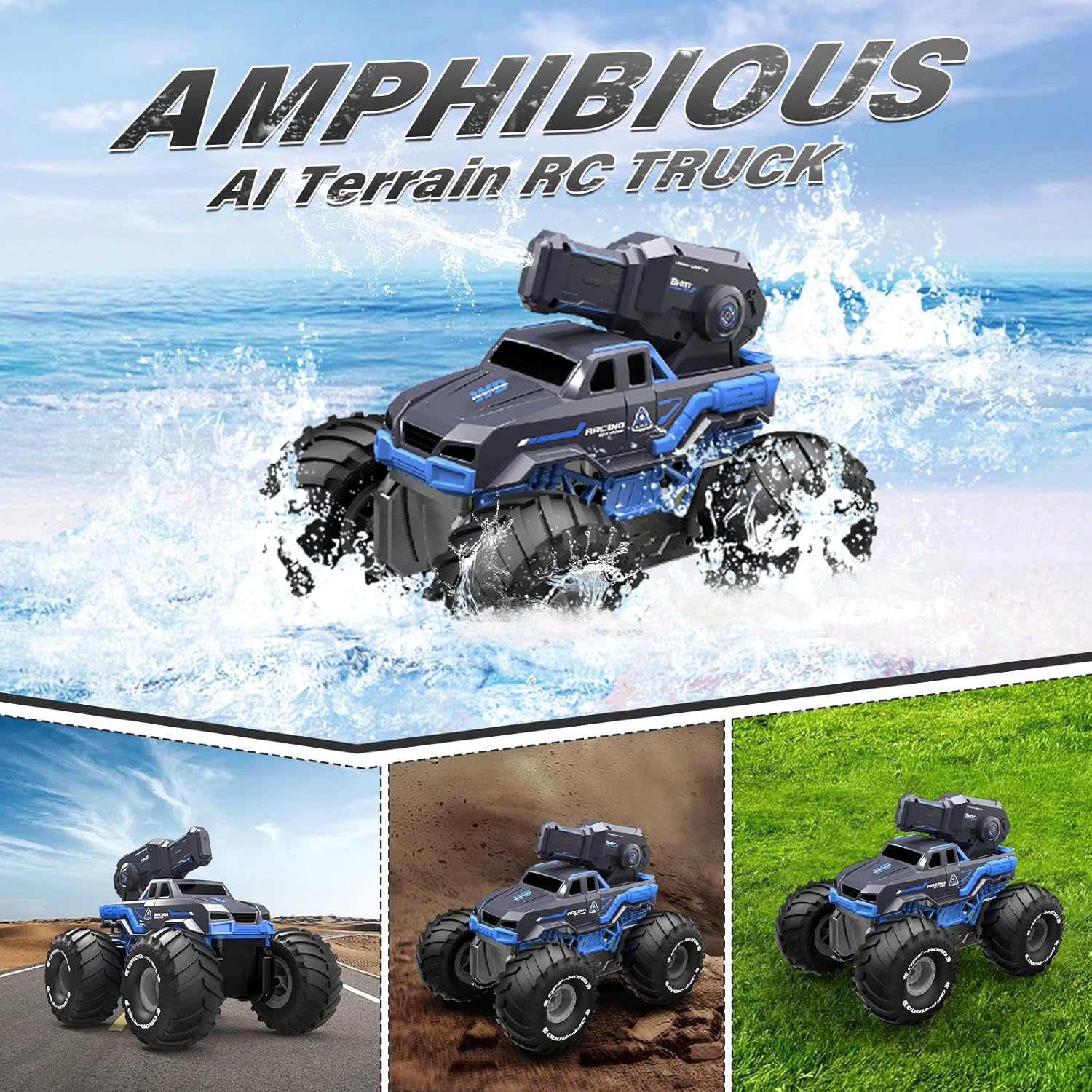 Amphibious Remote Control Car Boat Water Squirt RC Tank 2.4GHz Gesture Sensor 4WD Monster Truck Waterproof RC Car for 6 7 8 9-12 Kids Girls Boys Gift Beach Pool Water Toy With 2 Replaceable Batteries — image 5 of 8