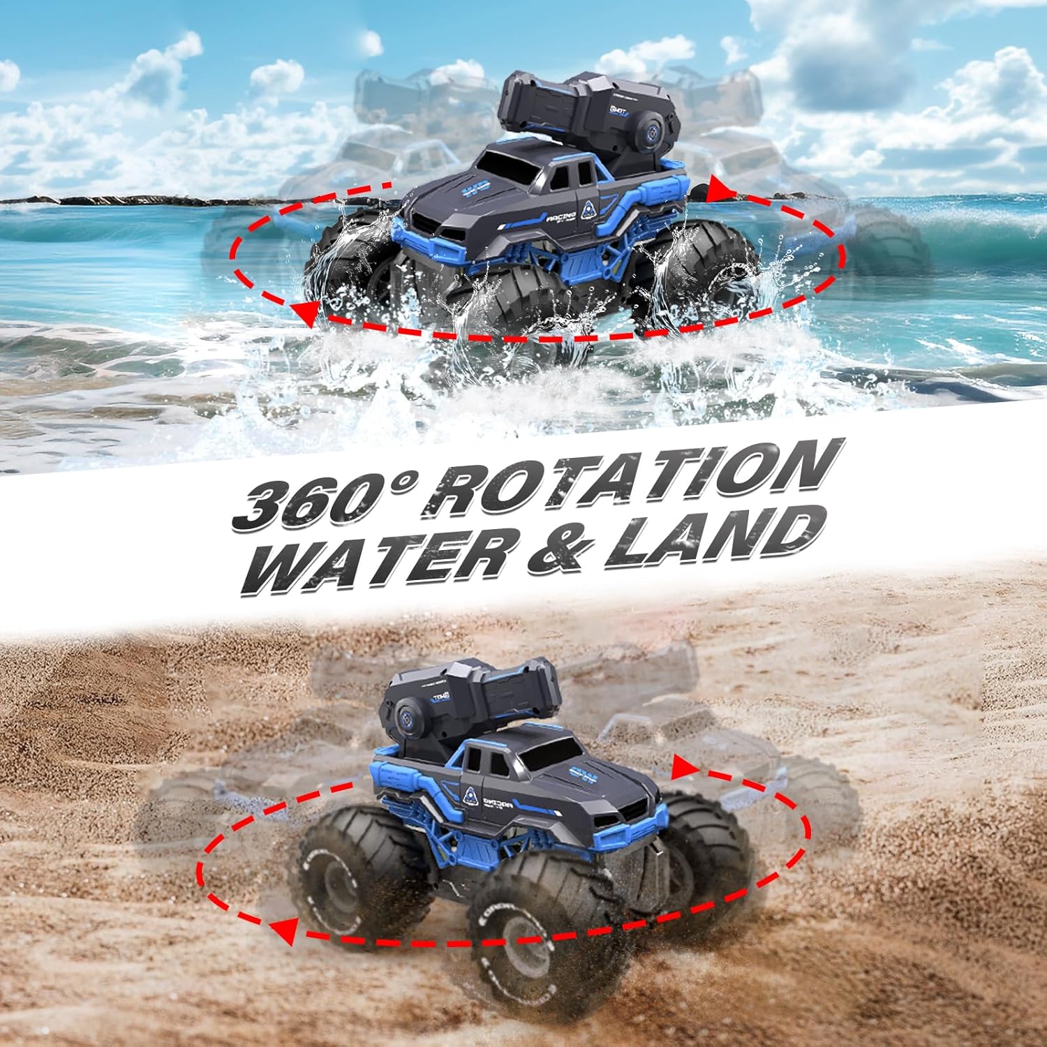 Amphibious Remote Control Car Boat Water Squirt RC Tank 2.4GHz Gesture Sensor 4WD Monster Truck Waterproof RC Car for 6 7 8 9-12 Kids Girls Boys Gift Beach Pool Water Toy With 2 Replaceable Batteries — image 6 of 8