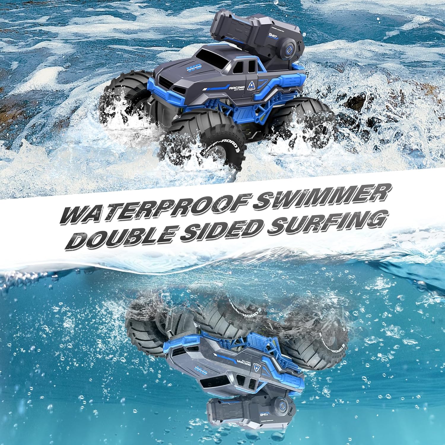 Amphibious Remote Control Car Boat Water Squirt RC Tank 2.4GHz Gesture Sensor 4WD Monster Truck Waterproof RC Car for 6 7 8 9-12 Kids Girls Boys Gift Beach Pool Water Toy With 2 Replaceable Batteries — image 7 of 8