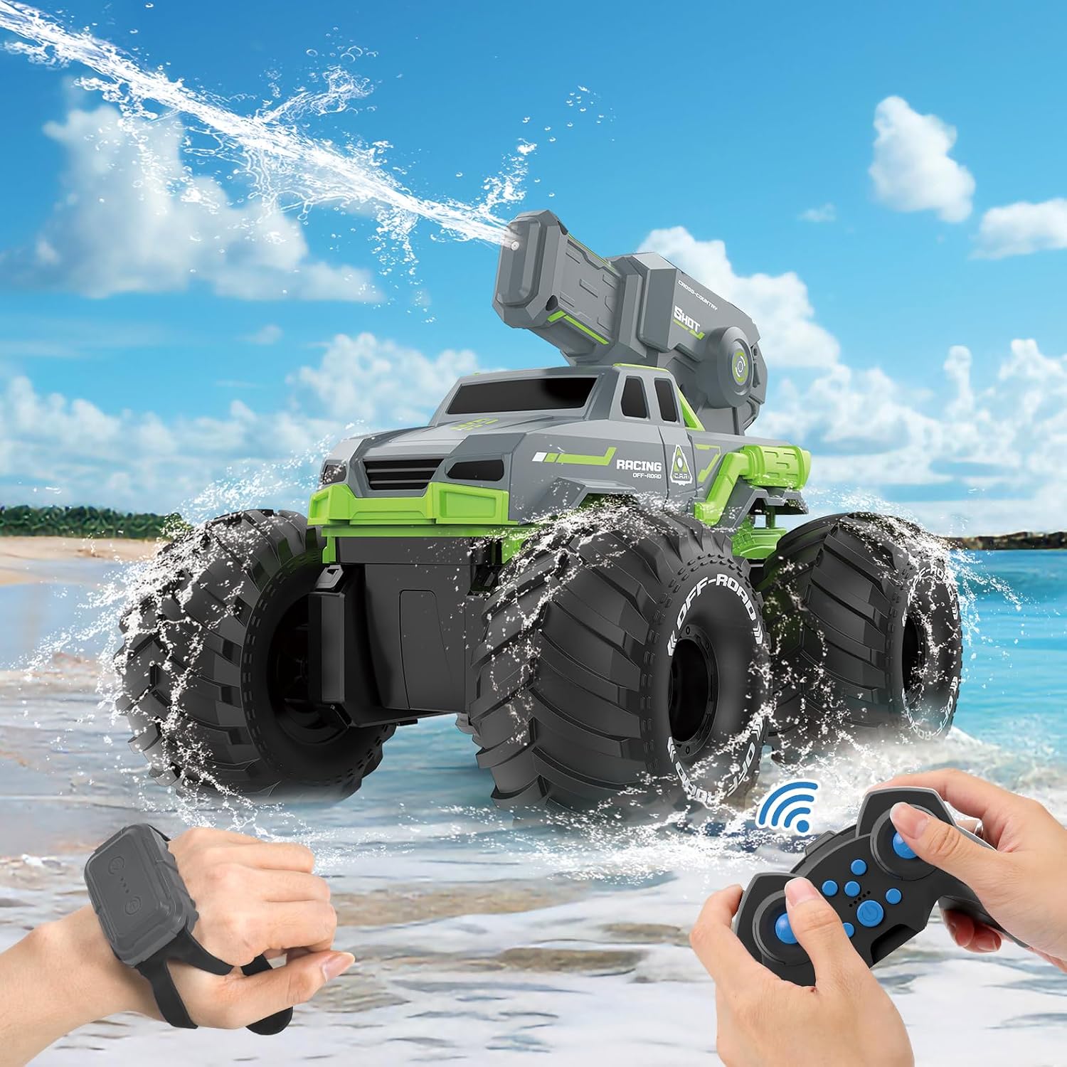 Amphibious Remote Control Car Boat Water Squirt RC Tank 2.4GHz Gesture Sensor 4WD Monster Truck Waterproof RC Car for 6 7 8 9-12 Kids Girls Boys Gift Beach Pool Water Toy With 2 Replaceable Batteries — image 8 of 8