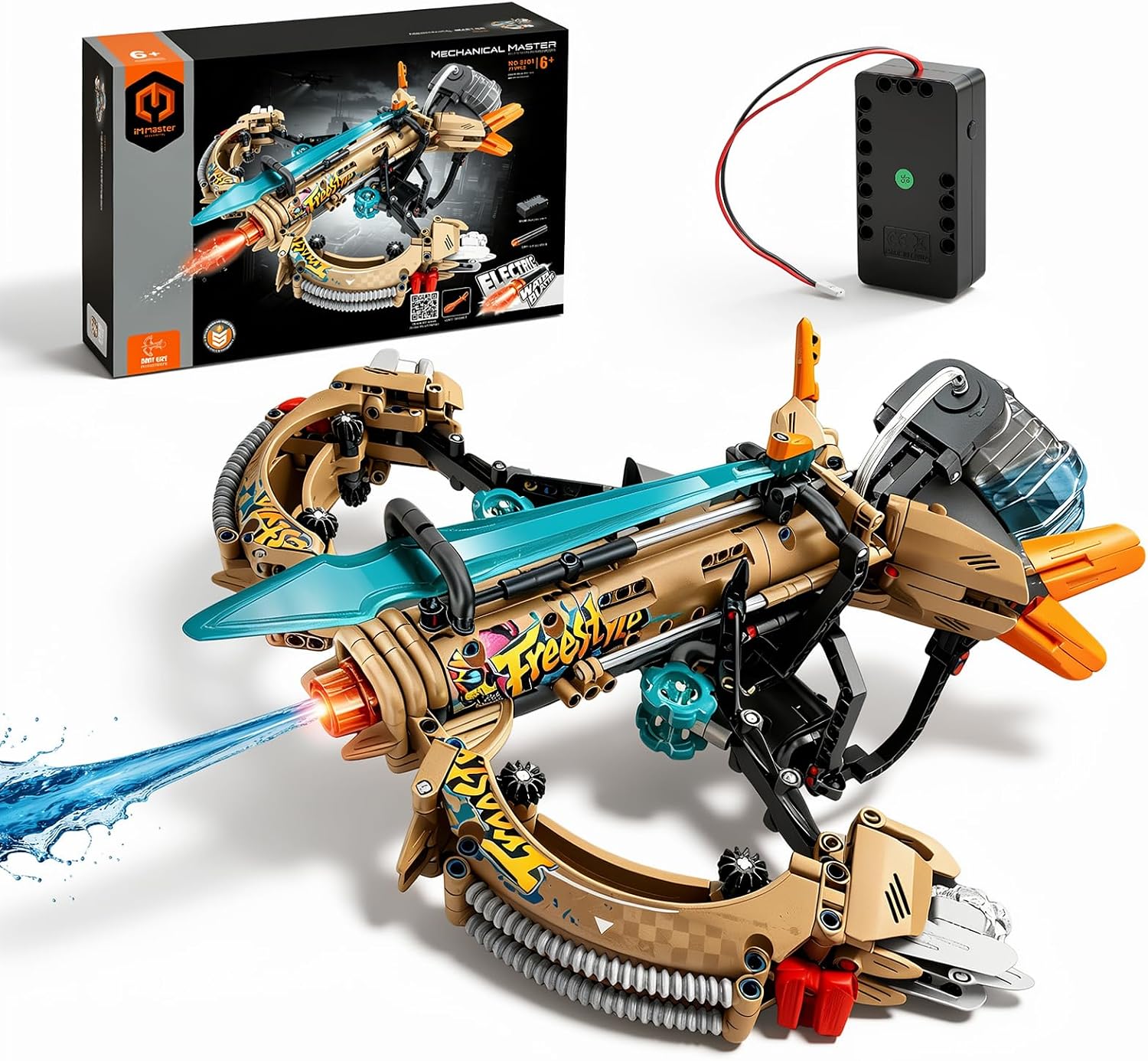 Building Block Crossbow Electric Squirt Gun Kit 687pcs, LED Flame