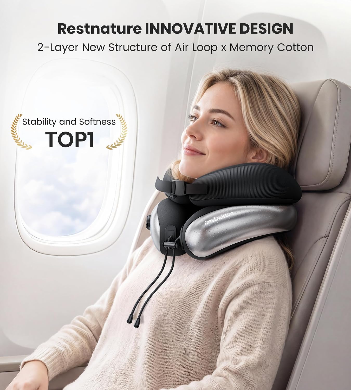Neck Pillow, Upgraded Adjustable Travel Neck Pillow for Airplane – Patented Inflatable Design with Memory Foam for 360° Ergonomic Head & Neck Support (Gray-M) — image 2 of 8