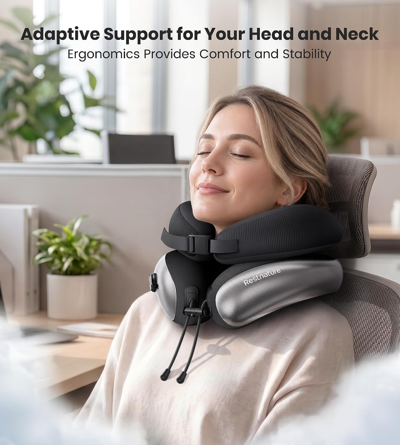 Neck Pillow, Upgraded Adjustable Travel Neck Pillow for Airplane – Patented Inflatable Design with Memory Foam for 360° Ergonomic Head & Neck Support (Gray-M) — image 3 of 8