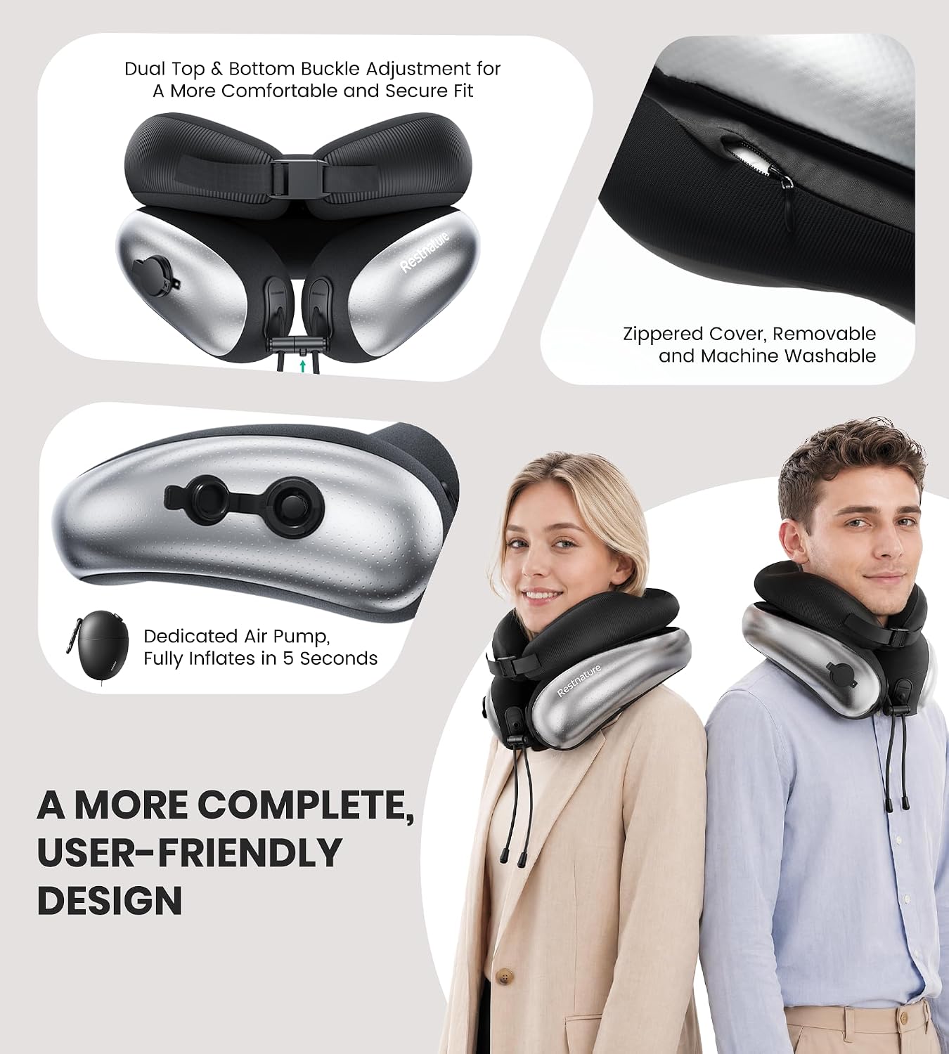 Neck Pillow, Upgraded Adjustable Travel Neck Pillow for Airplane – Patented Inflatable Design with Memory Foam for 360° Ergonomic Head & Neck Support (Gray-M) — image 6 of 8
