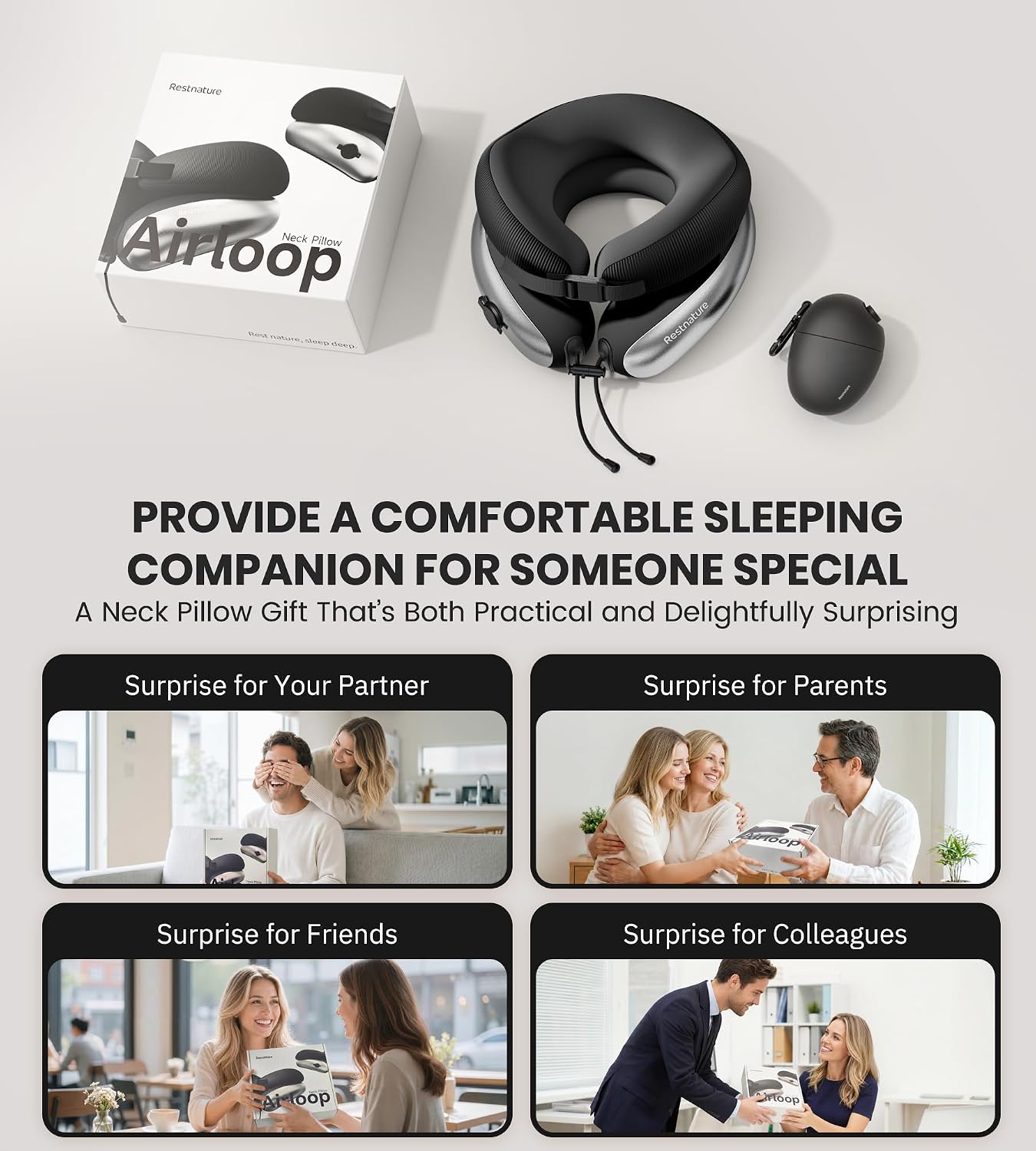 Neck Pillow, Upgraded Adjustable Travel Neck Pillow for Airplane – Patented Inflatable Design with Memory Foam for 360° Ergonomic Head & Neck Support (Gray-M) — image 8 of 8