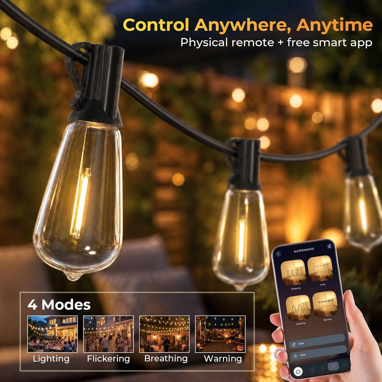 200FT Outdoor String Lights Waterproof Patio Lights with Remote APP Control — image 2 of 6