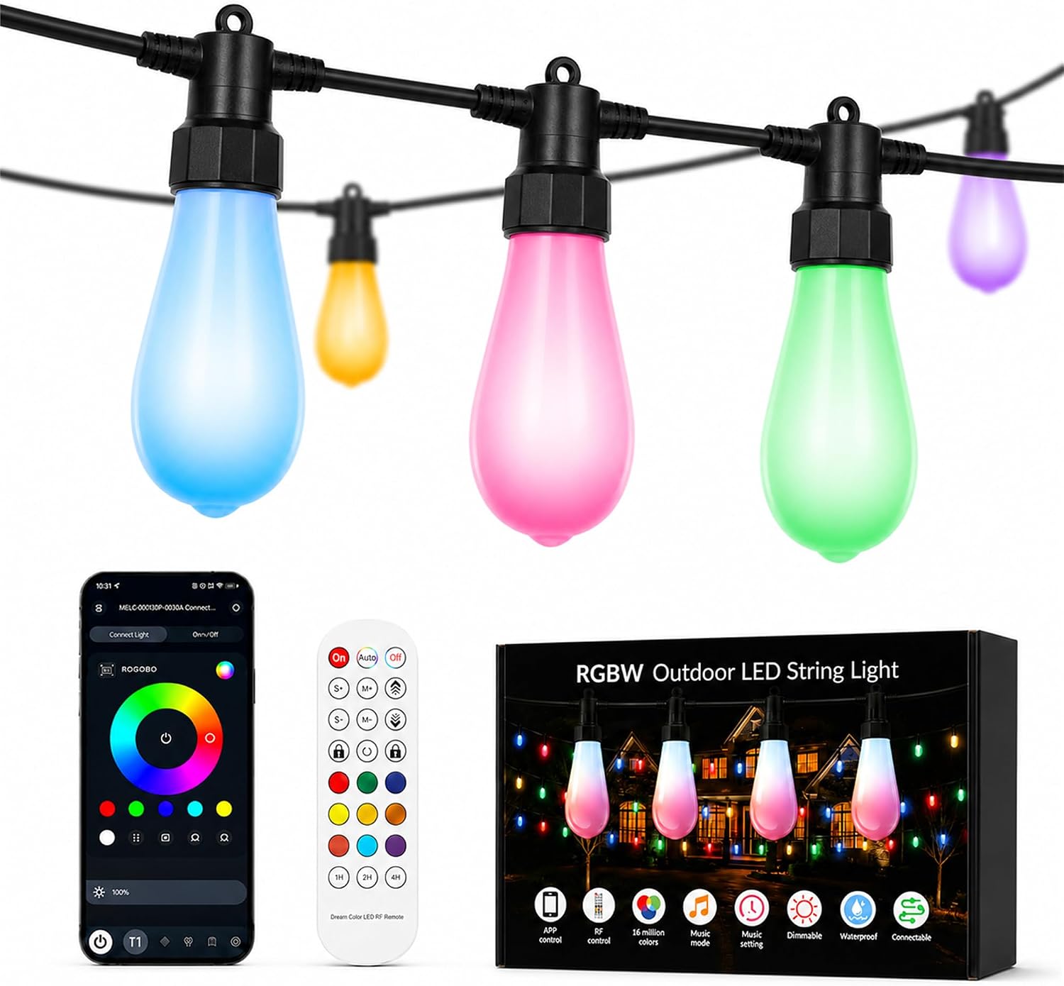 Outdoor String Lights for Patio,50FT RGBW App Remote,20 Bulbs — image 9 of 9